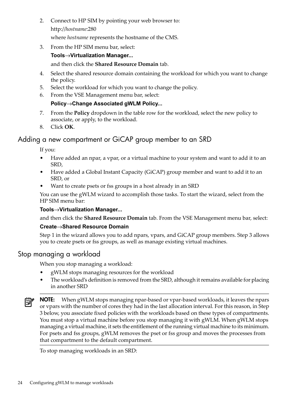Stop managing a workload, Adding a new compartment or gicap | HP Matrix Operating Environment Software User Manual | Page 24 / 68