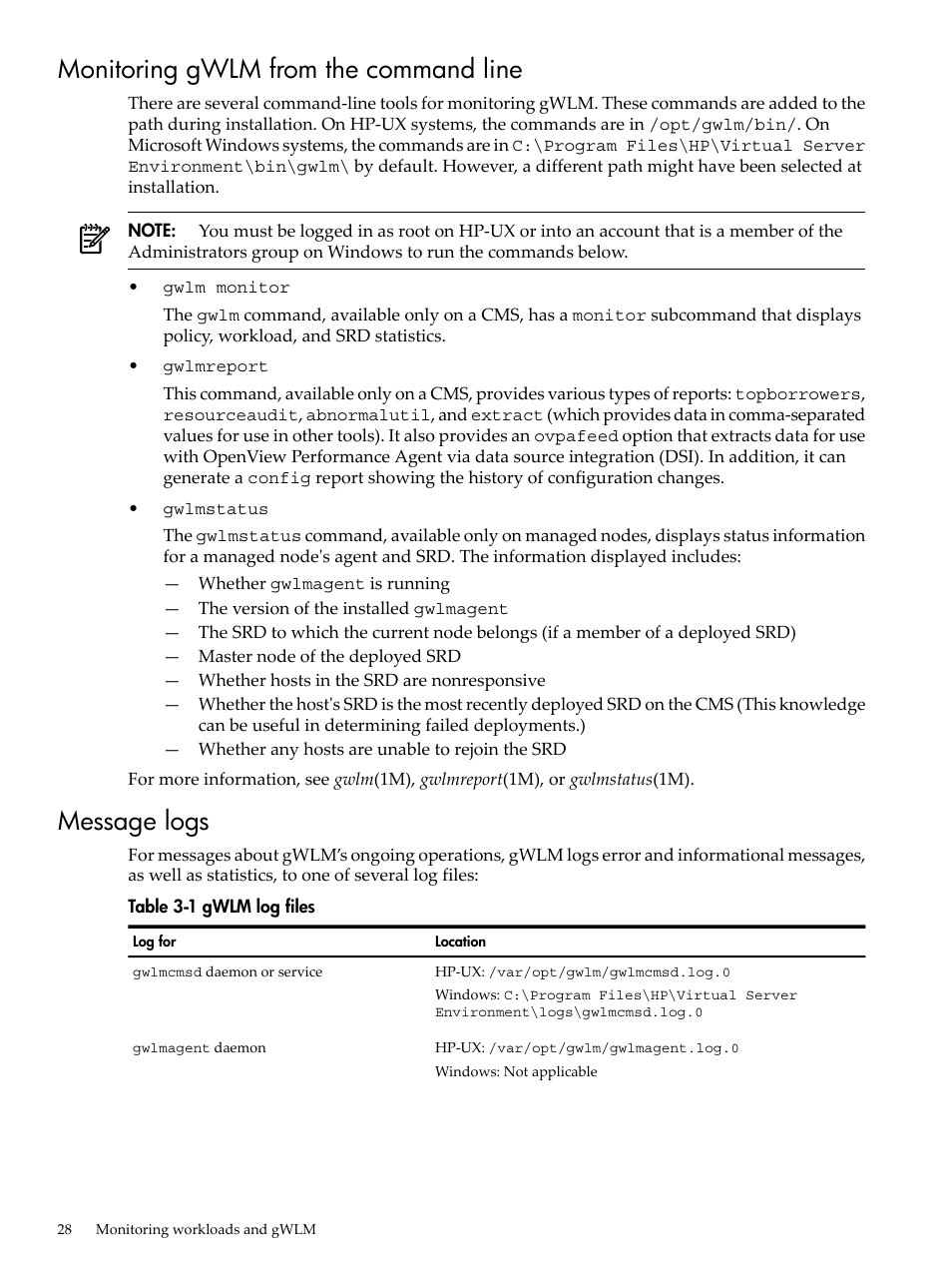 Monitoring gwlm from the command line, Message logs, Monitoring gwlm from the command line message logs | HP Matrix Operating Environment Software User Manual | Page 28 / 68