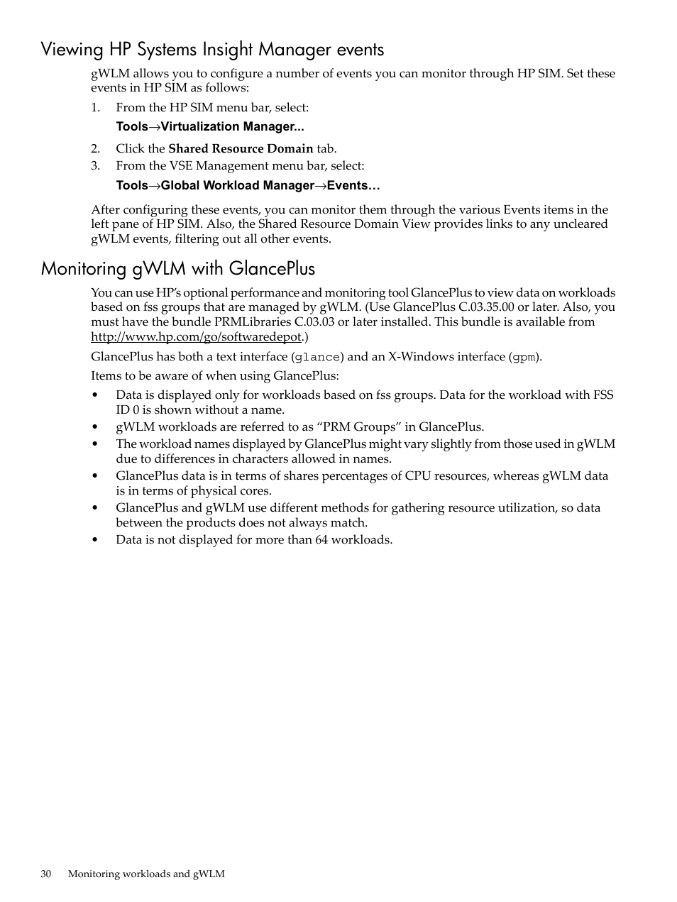 Viewing hp systems insight manager events, Monitoring gwlm with glanceplus | HP Matrix Operating Environment Software User Manual | Page 30 / 68