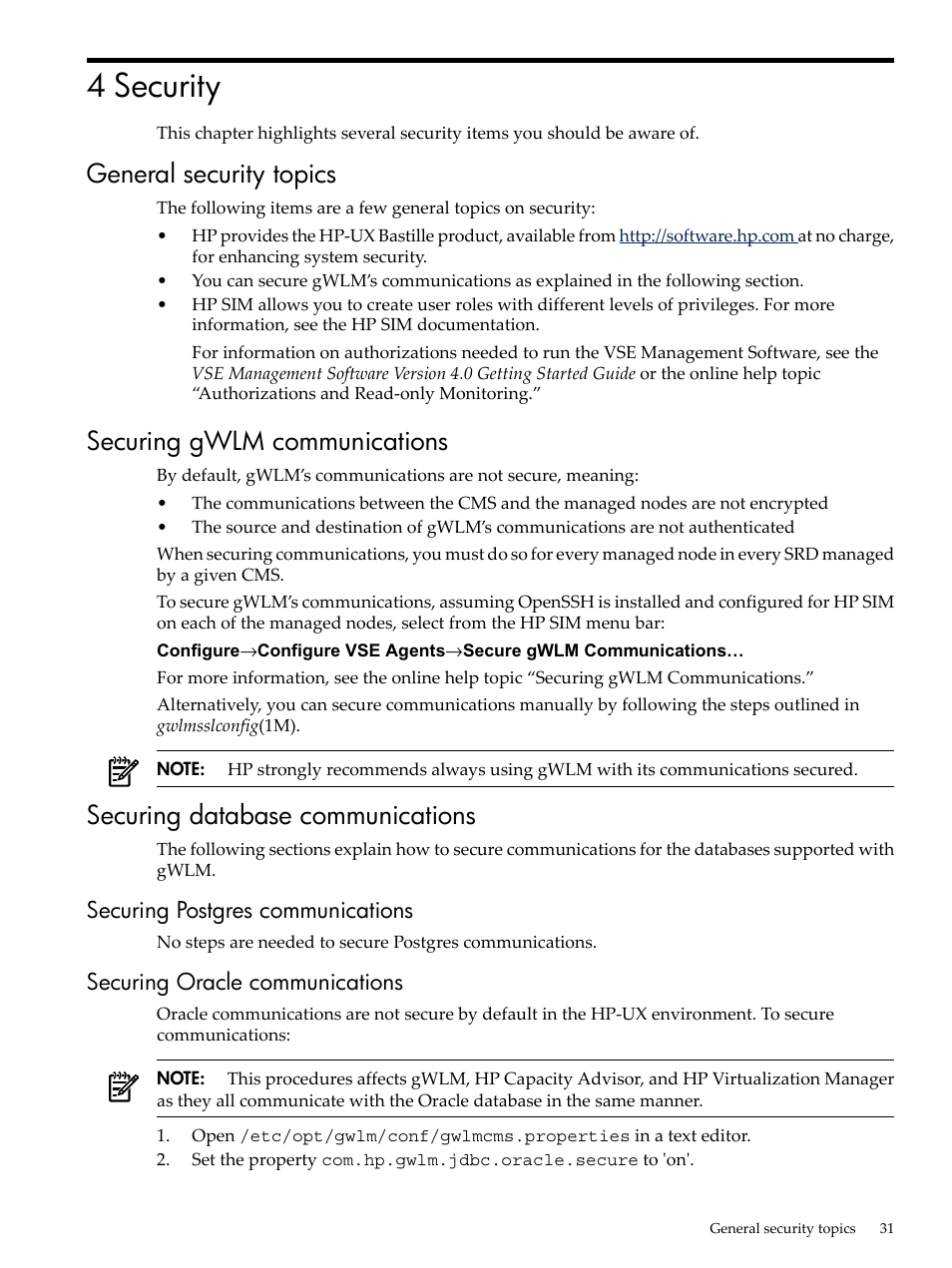4 security, General security topics, Securing gwlm communications | Securing database communications, Securing postgres communications, Securing oracle communications | HP Matrix Operating Environment Software User Manual | Page 31 / 68