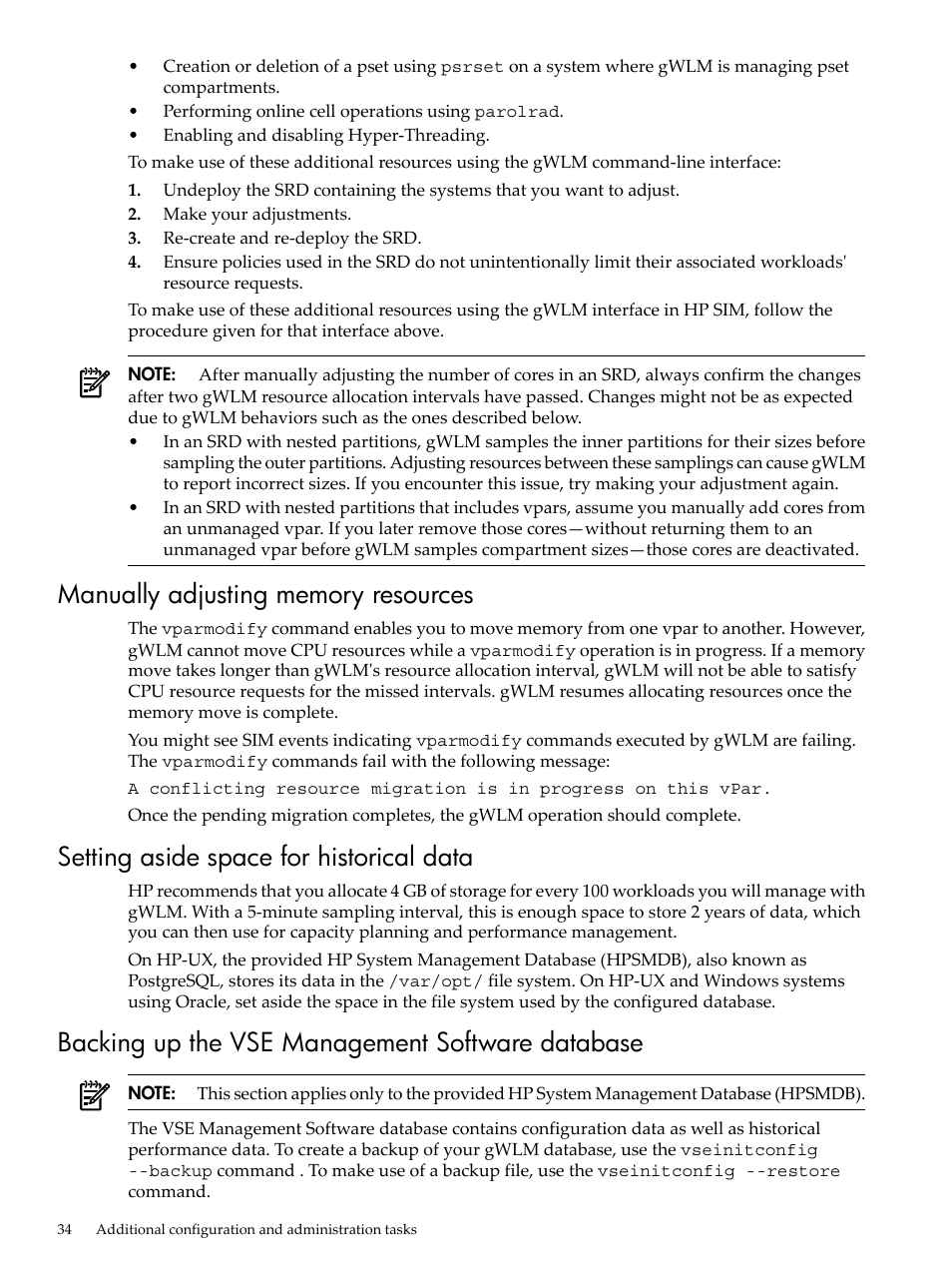 Manually adjusting memory resources, Setting aside space for historical data, Backing up the vse management software database | HP Matrix Operating Environment Software User Manual | Page 34 / 68