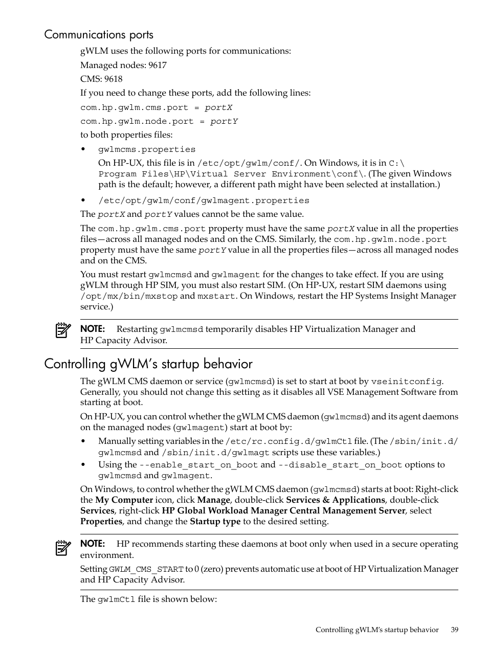 Communications ports, Controlling gwlm’s startup behavior | HP Matrix Operating Environment Software User Manual | Page 39 / 68