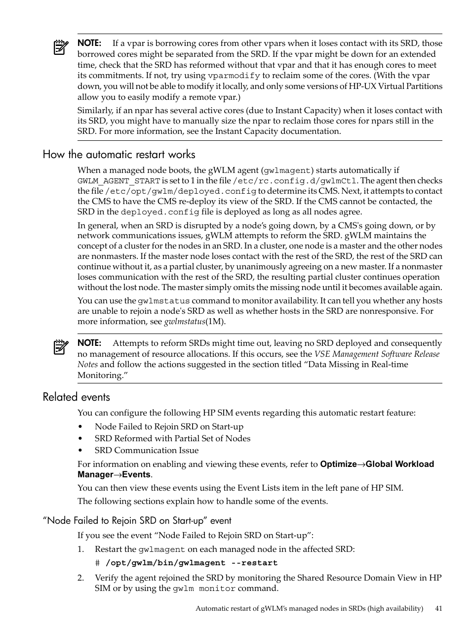 How the automatic restart works, Related events, Node failed to rejoin srd on start-up” event | How the automatic restart works related events | HP Matrix Operating Environment Software User Manual | Page 41 / 68