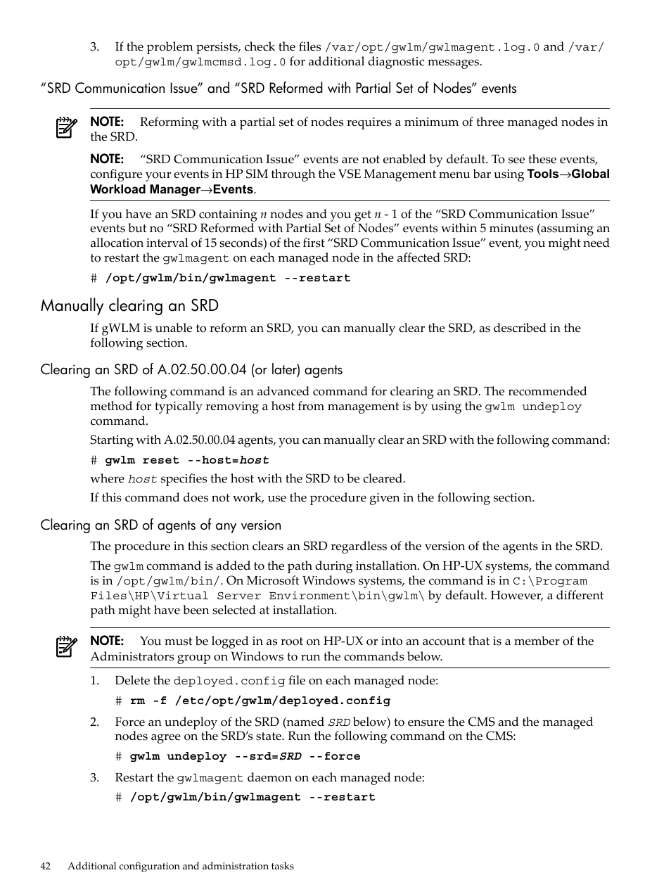 Manually clearing an srd, Clearing an srd of a.02.50.00.04 (or later) agents, Clearing an srd of agents of any version | HP Matrix Operating Environment Software User Manual | Page 42 / 68