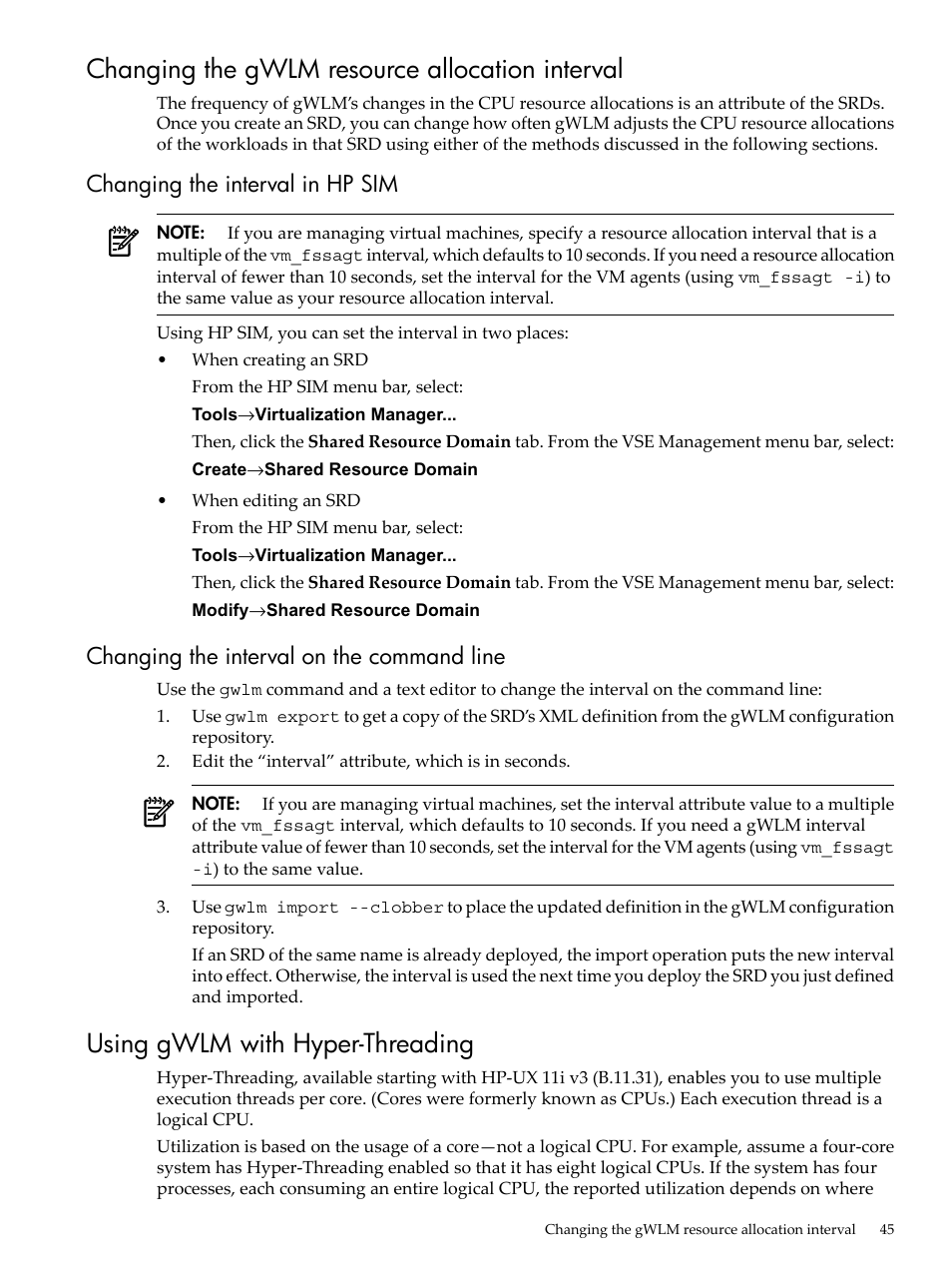 Changing the gwlm resource allocation interval, Changing the interval in hp sim, Changing the interval on the command line | Using gwlm with hyper-threading | HP Matrix Operating Environment Software User Manual | Page 45 / 68