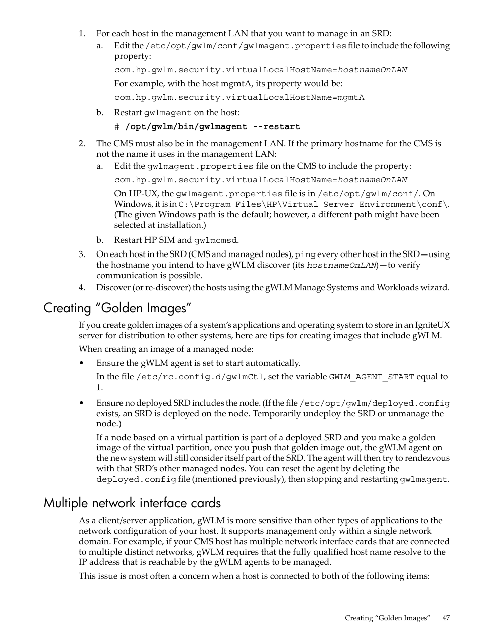 Creating “golden images, Multiple network interface cards | HP Matrix Operating Environment Software User Manual | Page 47 / 68