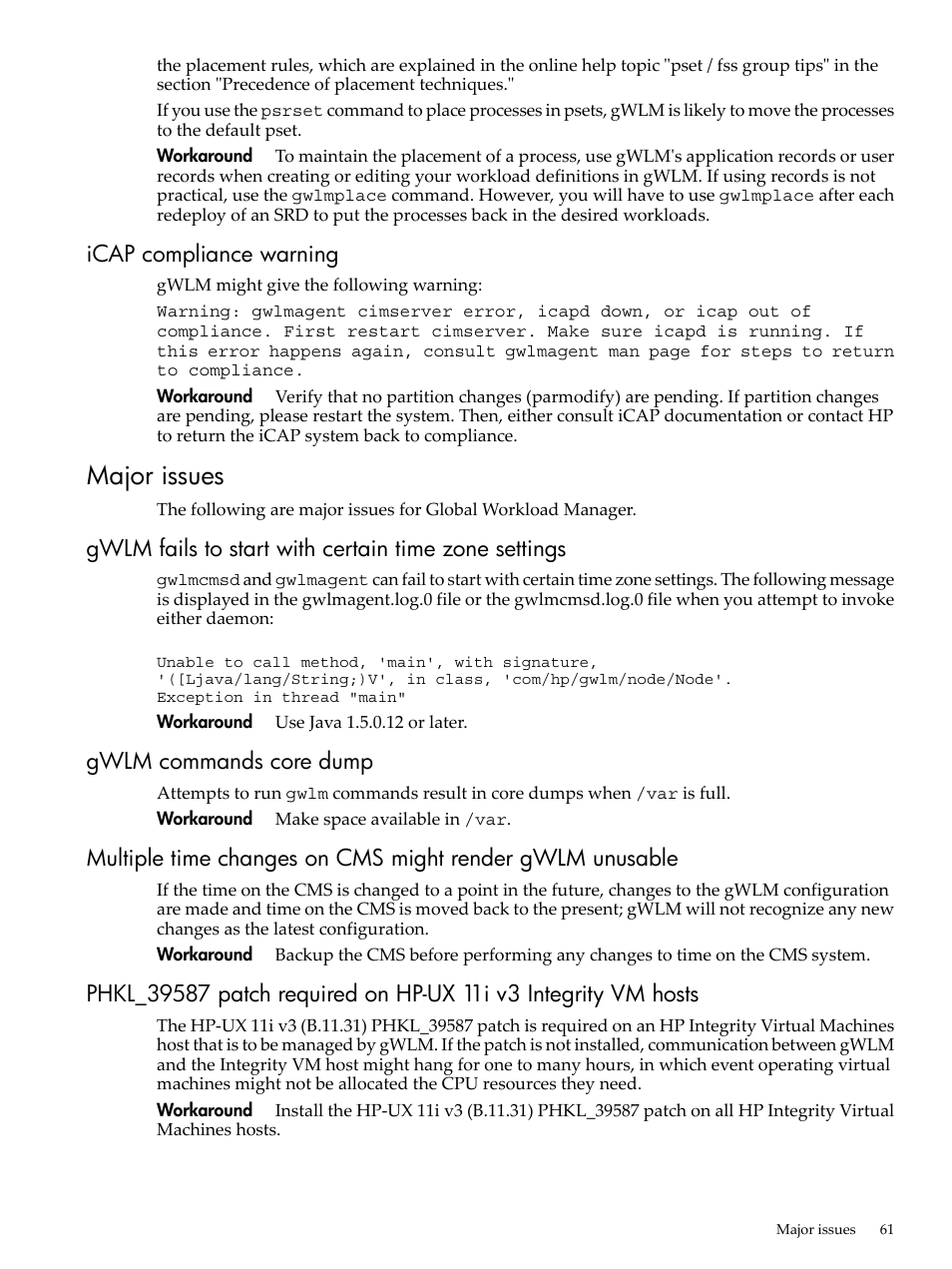 Icap compliance warning, Major issues, Gwlm commands core dump | HP Matrix Operating Environment Software User Manual | Page 61 / 68