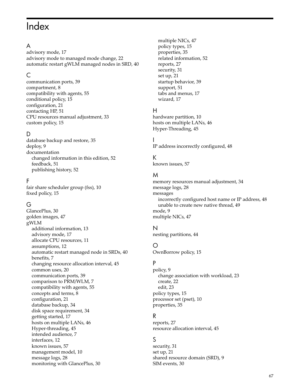 Index | HP Matrix Operating Environment Software User Manual | Page 67 / 68