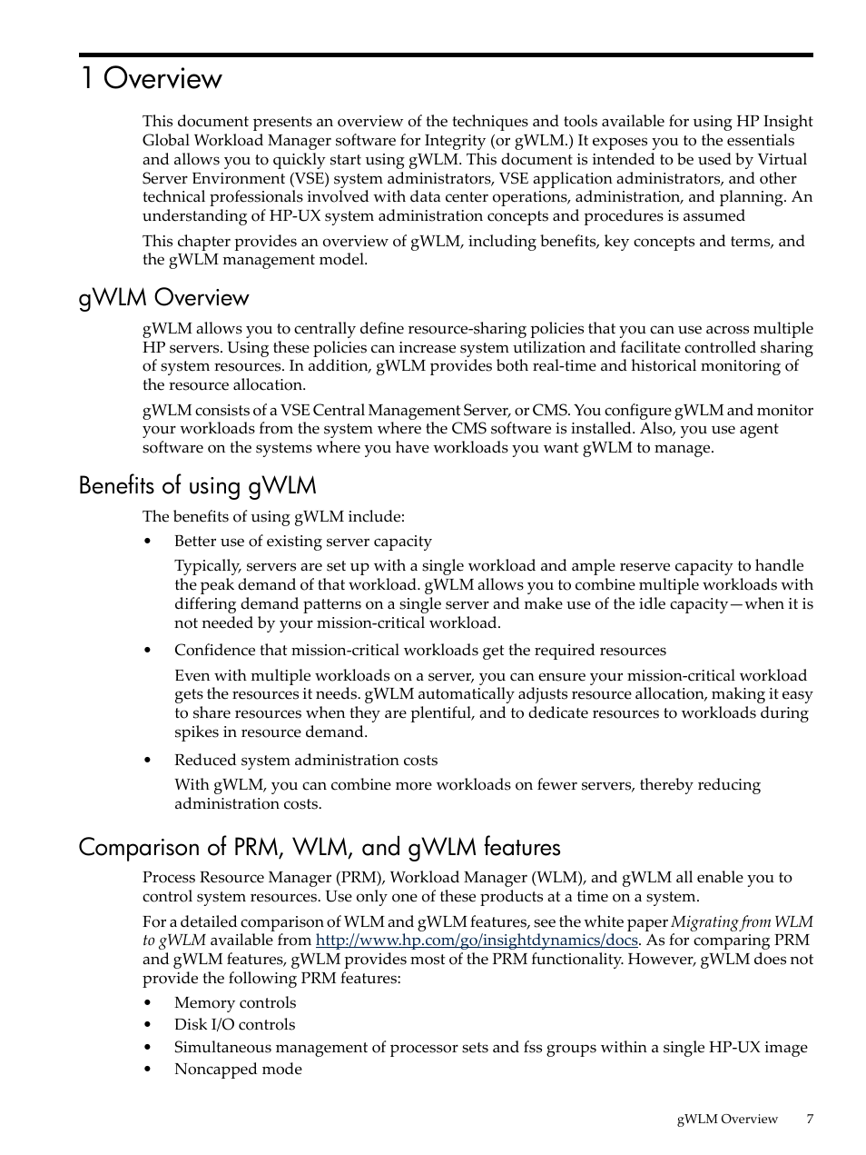 1 overview, Gwlm overview, Benefits of using gwlm | Comparison of prm, wlm, and gwlm features | HP Matrix Operating Environment Software User Manual | Page 7 / 68