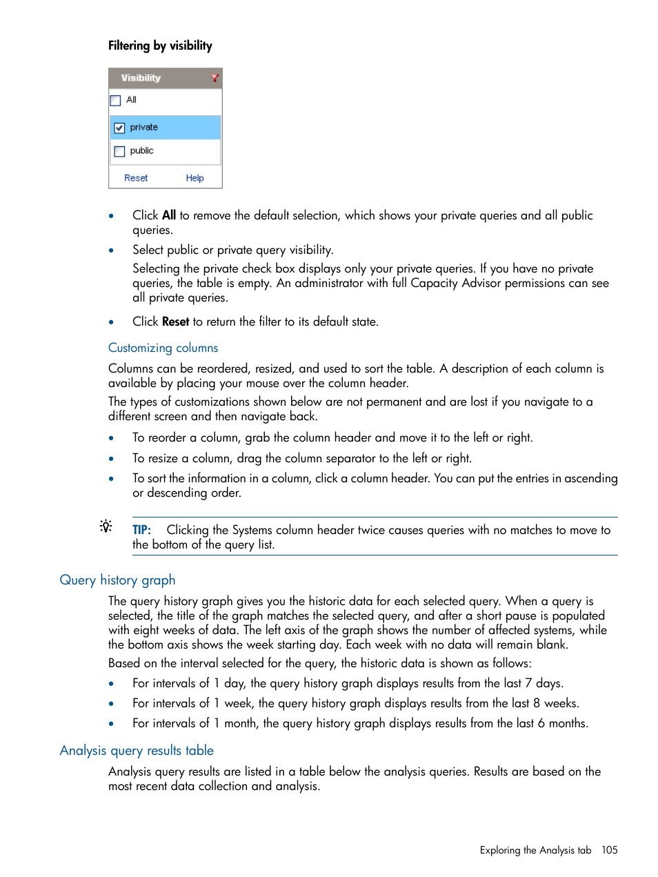 Customizing columns, Query history graph, Analysis query results table | Query history graph analysis query results table | HP Matrix Operating Environment Software User Manual | Page 105 / 239