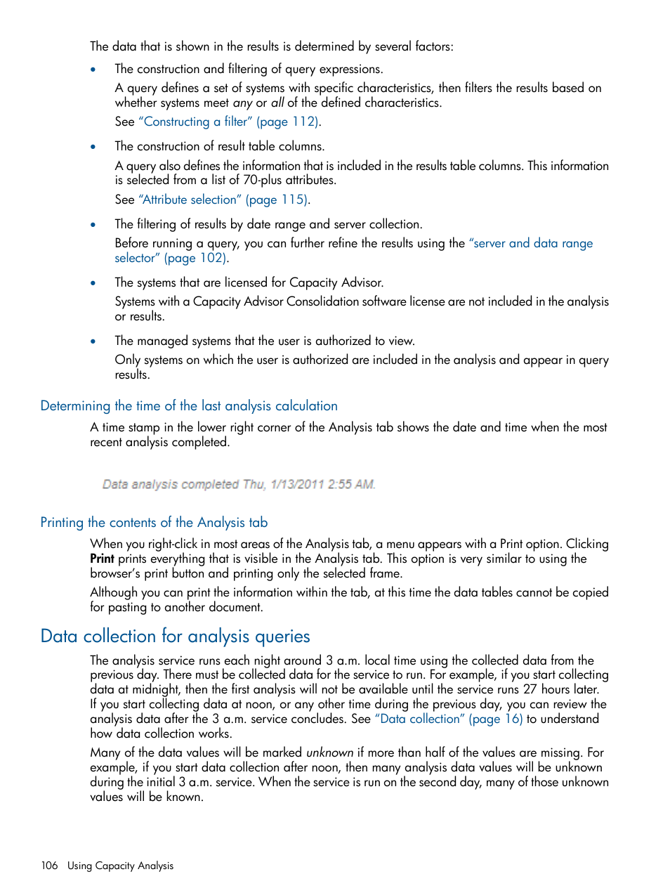 Printing the contents of the analysis tab, Data collection for analysis queries | HP Matrix Operating Environment Software User Manual | Page 106 / 239