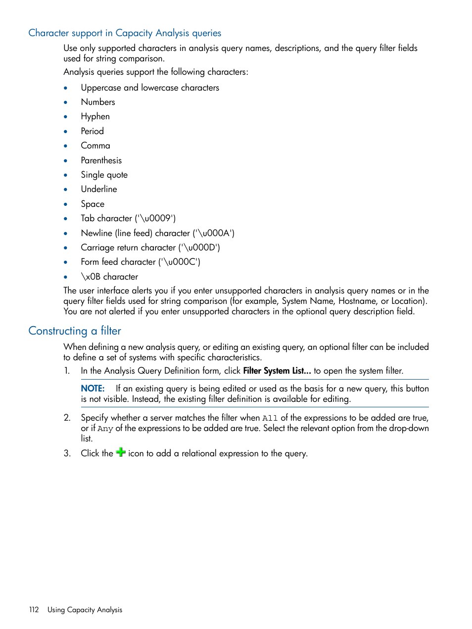 Character support in capacity analysis queries, Constructing a filter | HP Matrix Operating Environment Software User Manual | Page 112 / 239