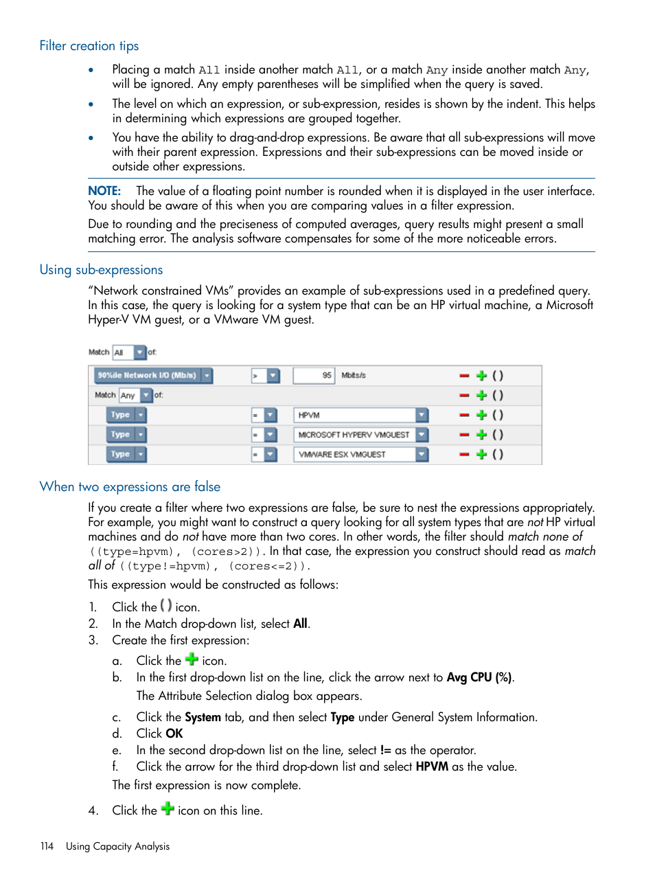 Filter creation tips, Using sub-expressions, When two expressions are false | HP Matrix Operating Environment Software User Manual | Page 114 / 239