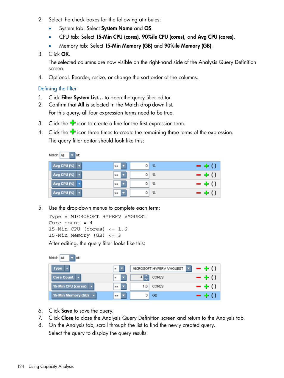 Defining the filter | HP Matrix Operating Environment Software User Manual | Page 124 / 239