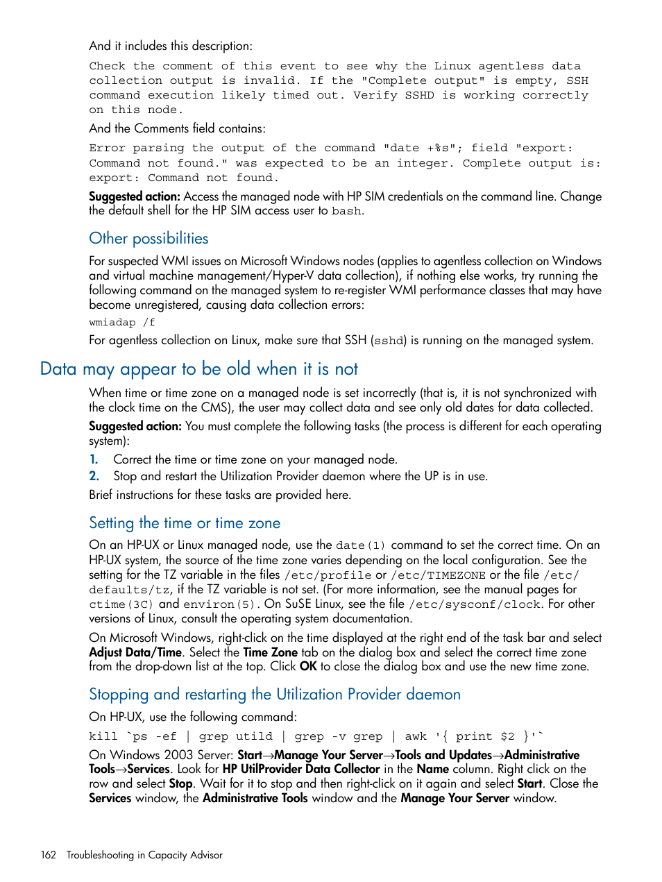 Data may appear to be old when it is not, Other possibilities, Setting the time or time zone | HP Matrix Operating Environment Software User Manual | Page 162 / 239