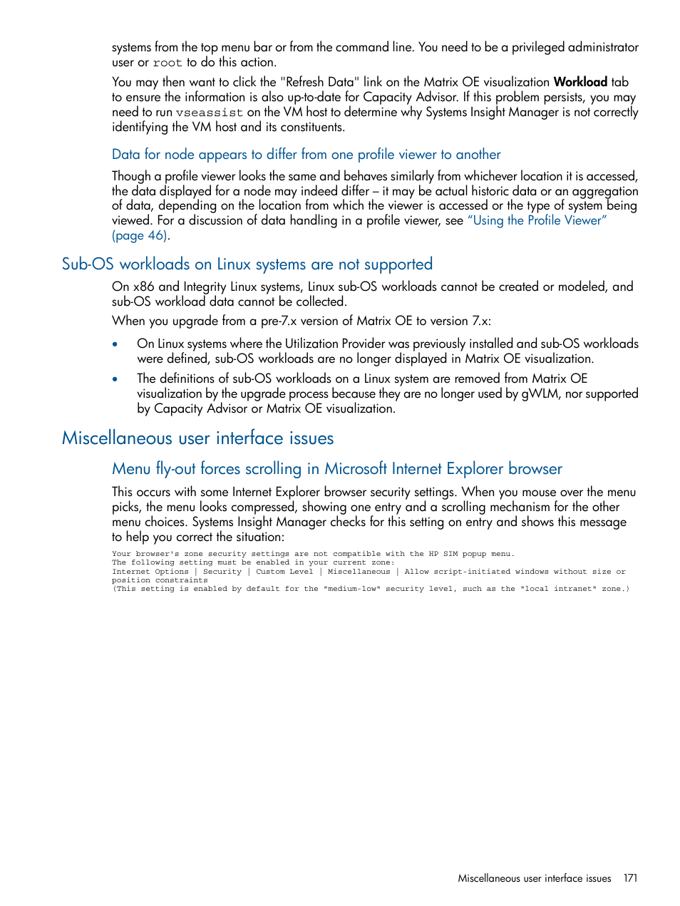 Miscellaneous user interface issues | HP Matrix Operating Environment Software User Manual | Page 171 / 239