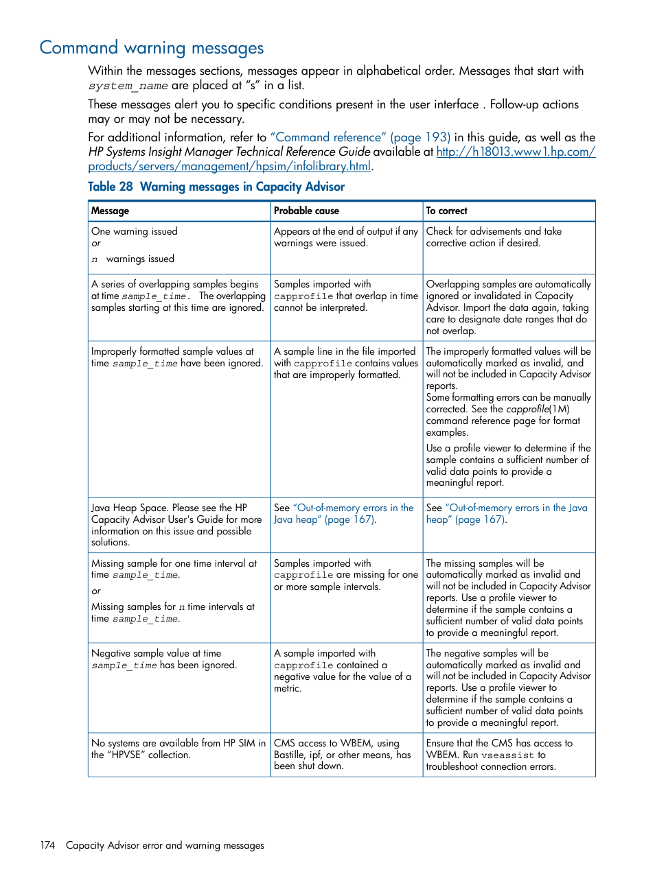 Command warning messages | HP Matrix Operating Environment Software User Manual | Page 174 / 239