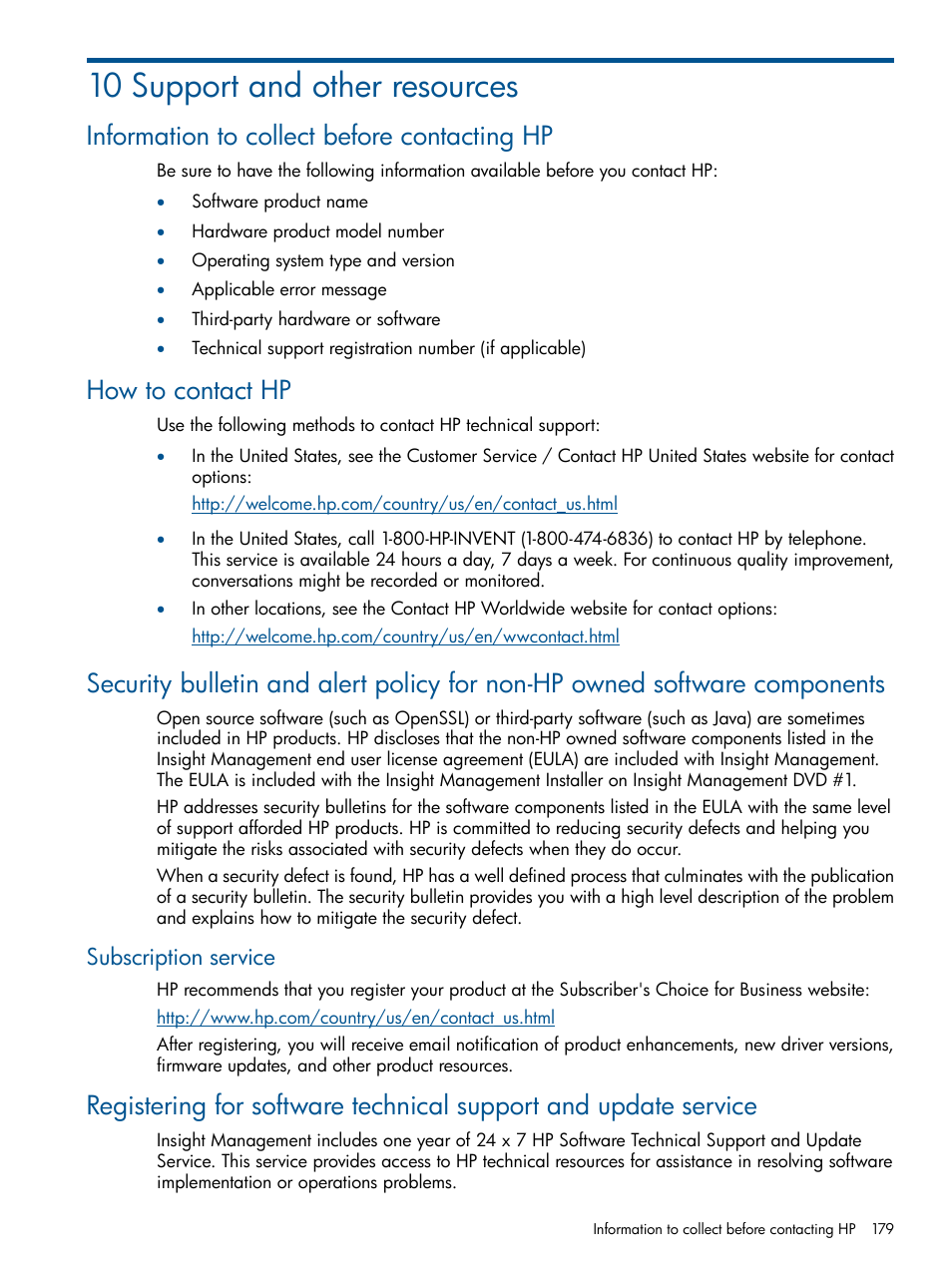 10 support and other resources, Information to collect before contacting hp, How to contact hp | Subscription service | HP Matrix Operating Environment Software User Manual | Page 179 / 239