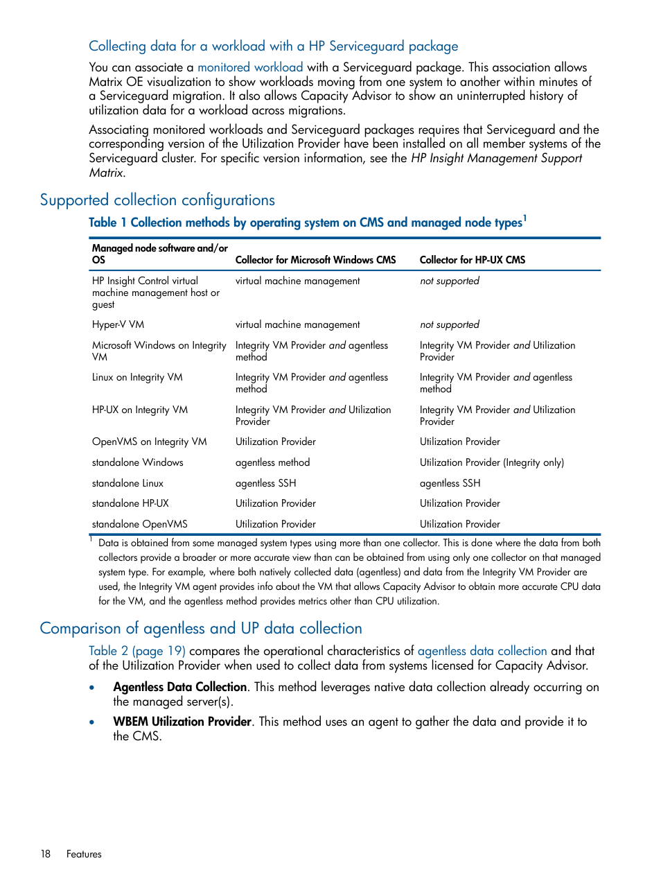 Supported collection configurations, Comparison of agentless and up data collection, Supported collection | HP Matrix Operating Environment Software User Manual | Page 18 / 239