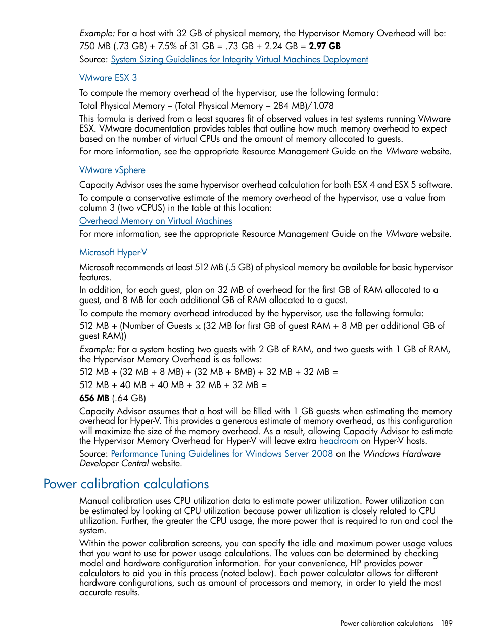 Vmware esx 3, Vmware vsphere, Microsoft hyper-v | Power calibration calculations, Vmware esx 3 vmware vsphere microsoft hyper-v | HP Matrix Operating Environment Software User Manual | Page 189 / 239