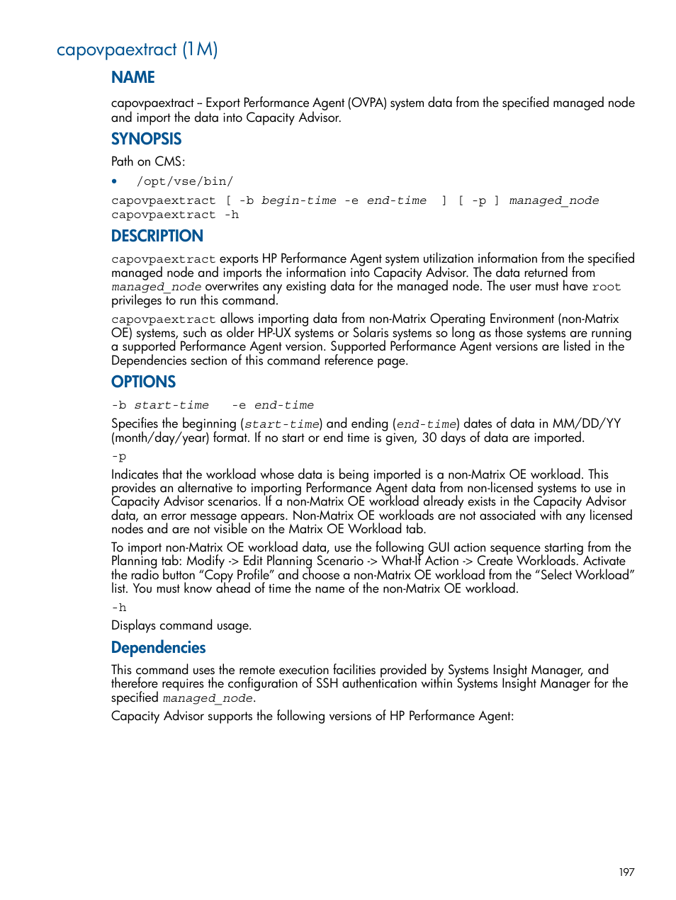 Capovpaextract (1m), Capovpaextract(1m), Name | Synopsis, Description, Options, Dependencies | HP Matrix Operating Environment Software User Manual | Page 197 / 239