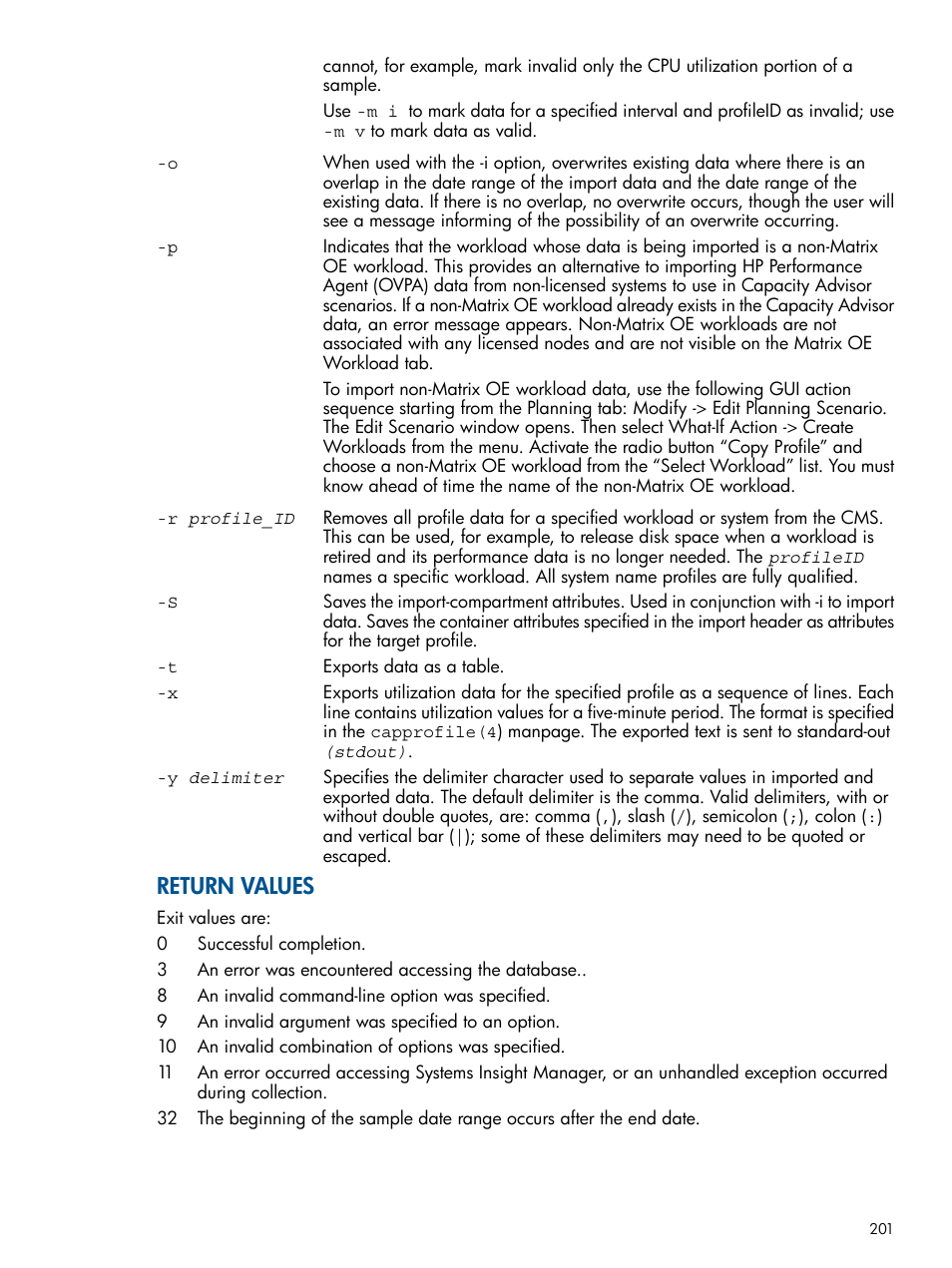 Return values | HP Matrix Operating Environment Software User Manual | Page 201 / 239