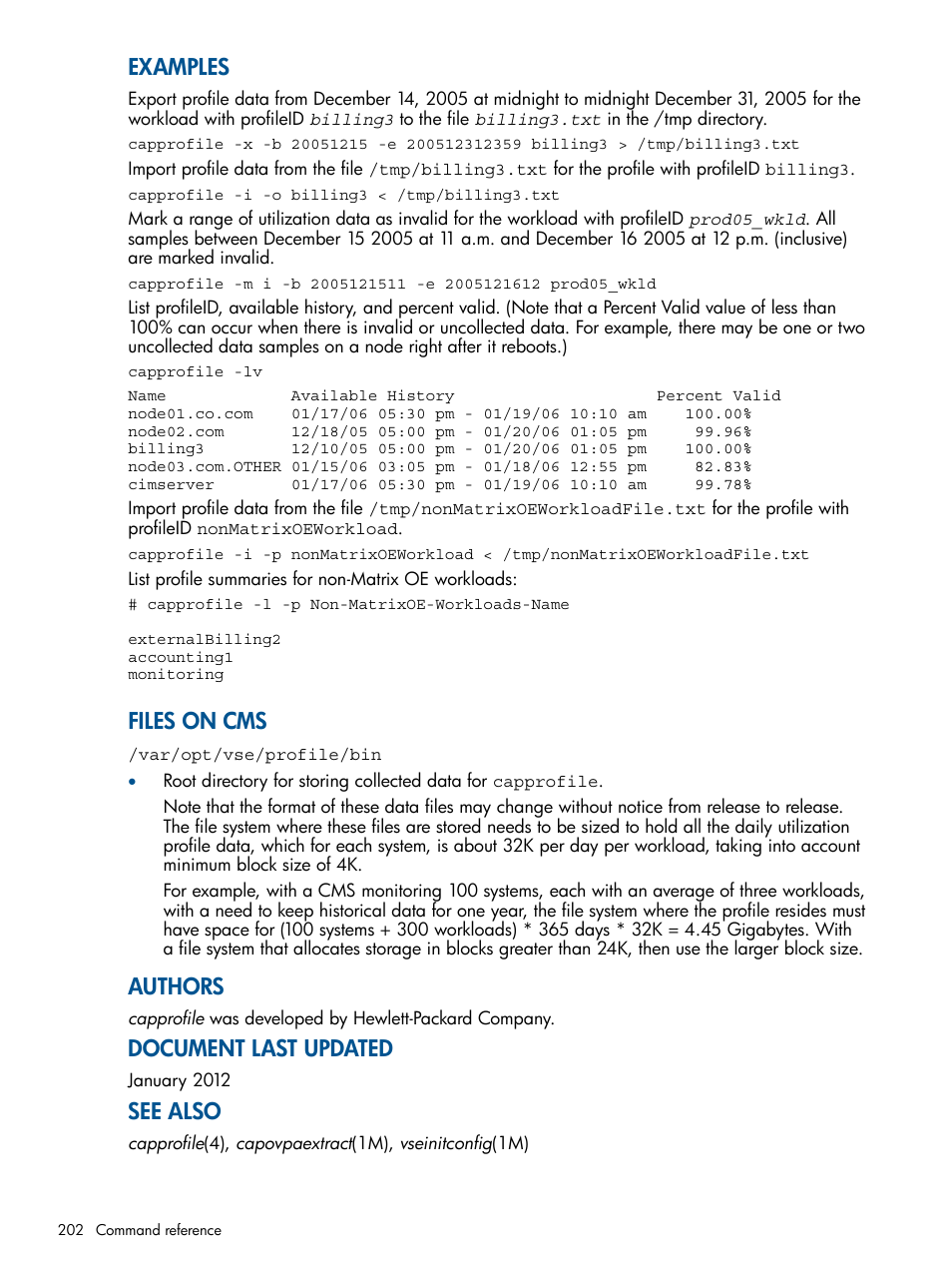 Examples, Files on cms, Authors | Document last updated, See also | HP Matrix Operating Environment Software User Manual | Page 202 / 239