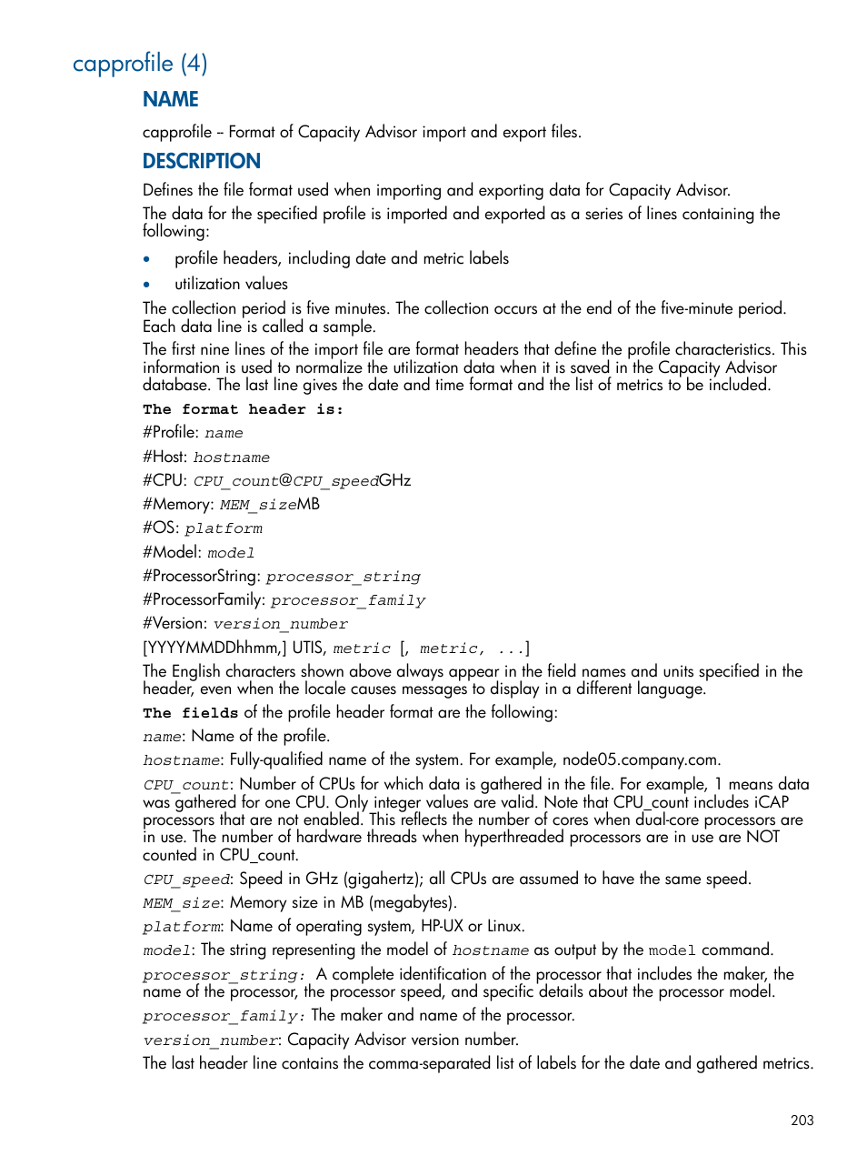 Capprofile (4), Capprofile(4), Name | Description | HP Matrix Operating Environment Software User Manual | Page 203 / 239