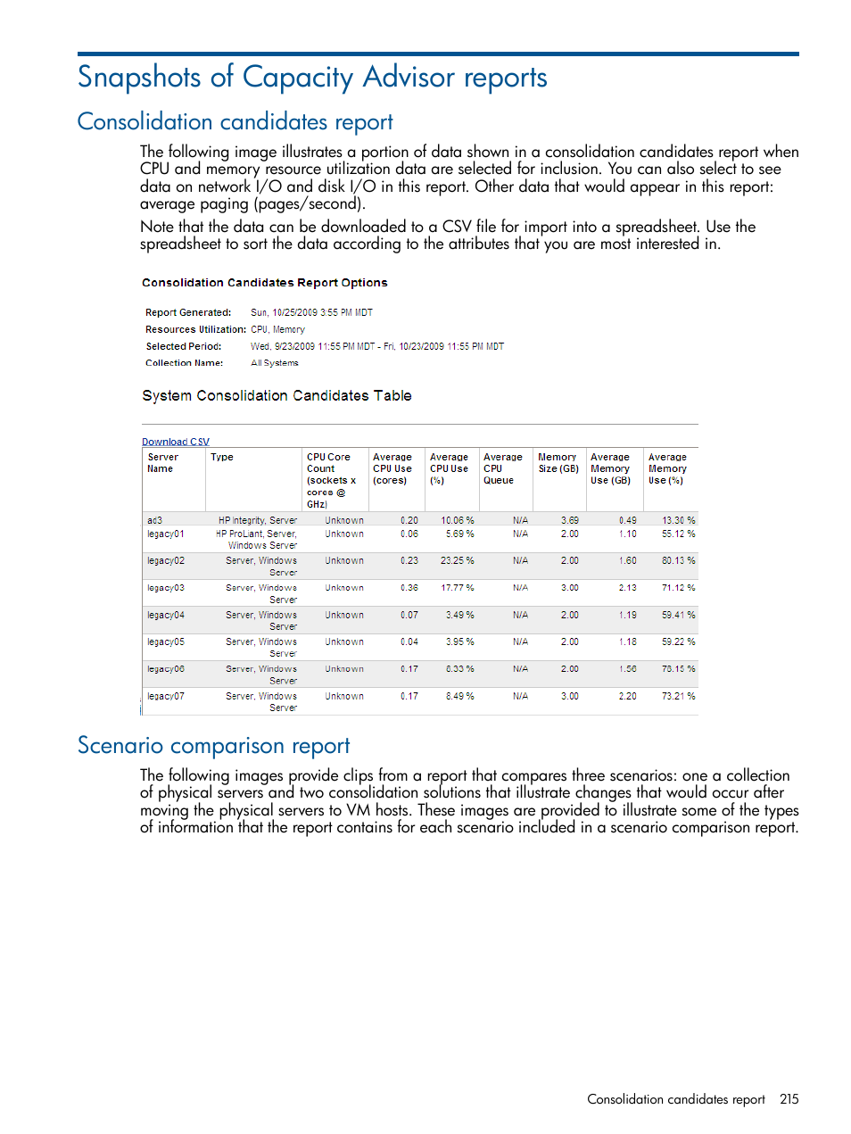 Snapshots of capacity advisor reports, Consolidation candidates report, Scenario comparison report | HP Matrix Operating Environment Software User Manual | Page 215 / 239