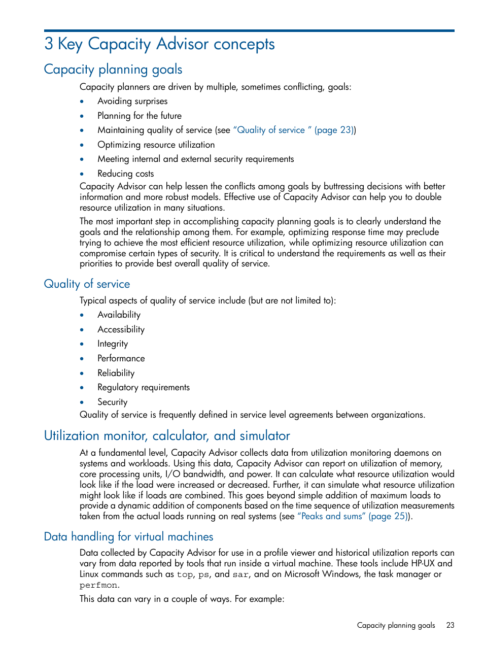 3 key capacity advisor concepts, Capacity planning goals, Quality of service | Utilization monitor, calculator, and simulator, Data handling for virtual machines | HP Matrix Operating Environment Software User Manual | Page 23 / 239