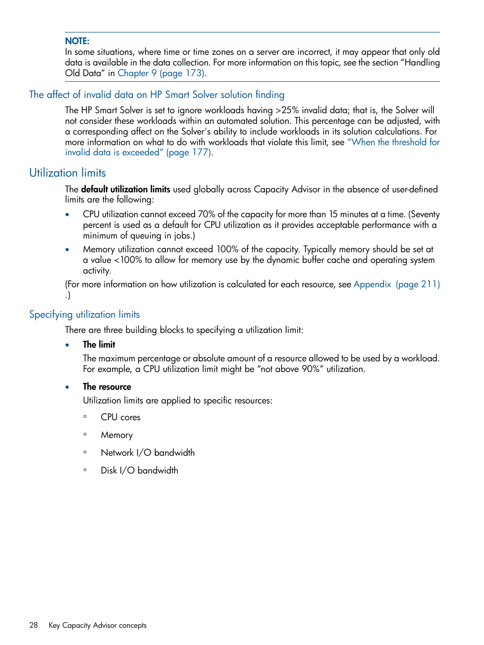 Utilization limits, Specifying utilization limits | HP Matrix Operating Environment Software User Manual | Page 28 / 239