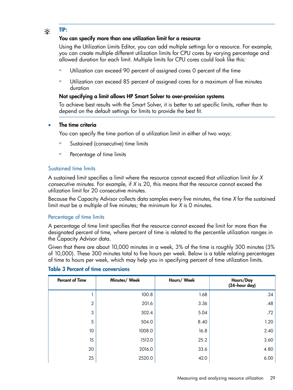 Sustained time limits, Percentage of time limits, Sustained time limits percentage of time limits | HP Matrix Operating Environment Software User Manual | Page 29 / 239