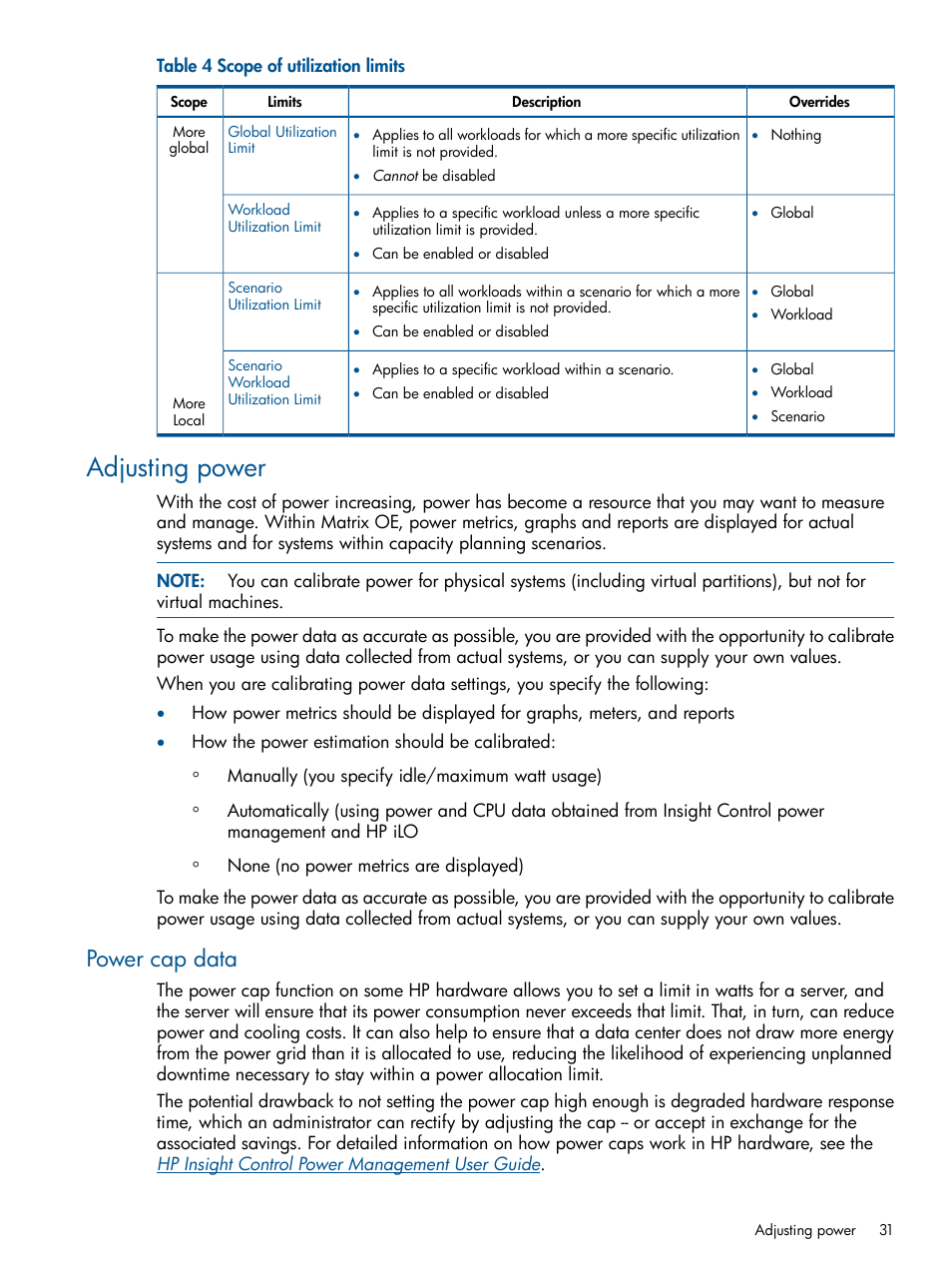 Adjusting power, Power cap data | HP Matrix Operating Environment Software User Manual | Page 31 / 239