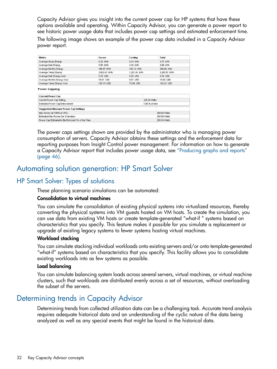 Automating solution generation: hp smart solver, Hp smart solver: types of solutions, Determining trends in capacity advisor | Hp smart solver | HP Matrix Operating Environment Software User Manual | Page 32 / 239
