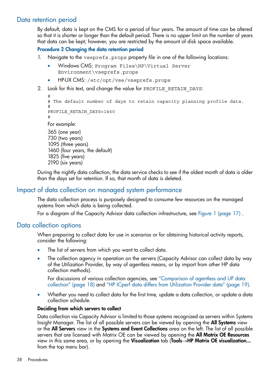 Data retention period, Data collection options | HP Matrix Operating Environment Software User Manual | Page 38 / 239