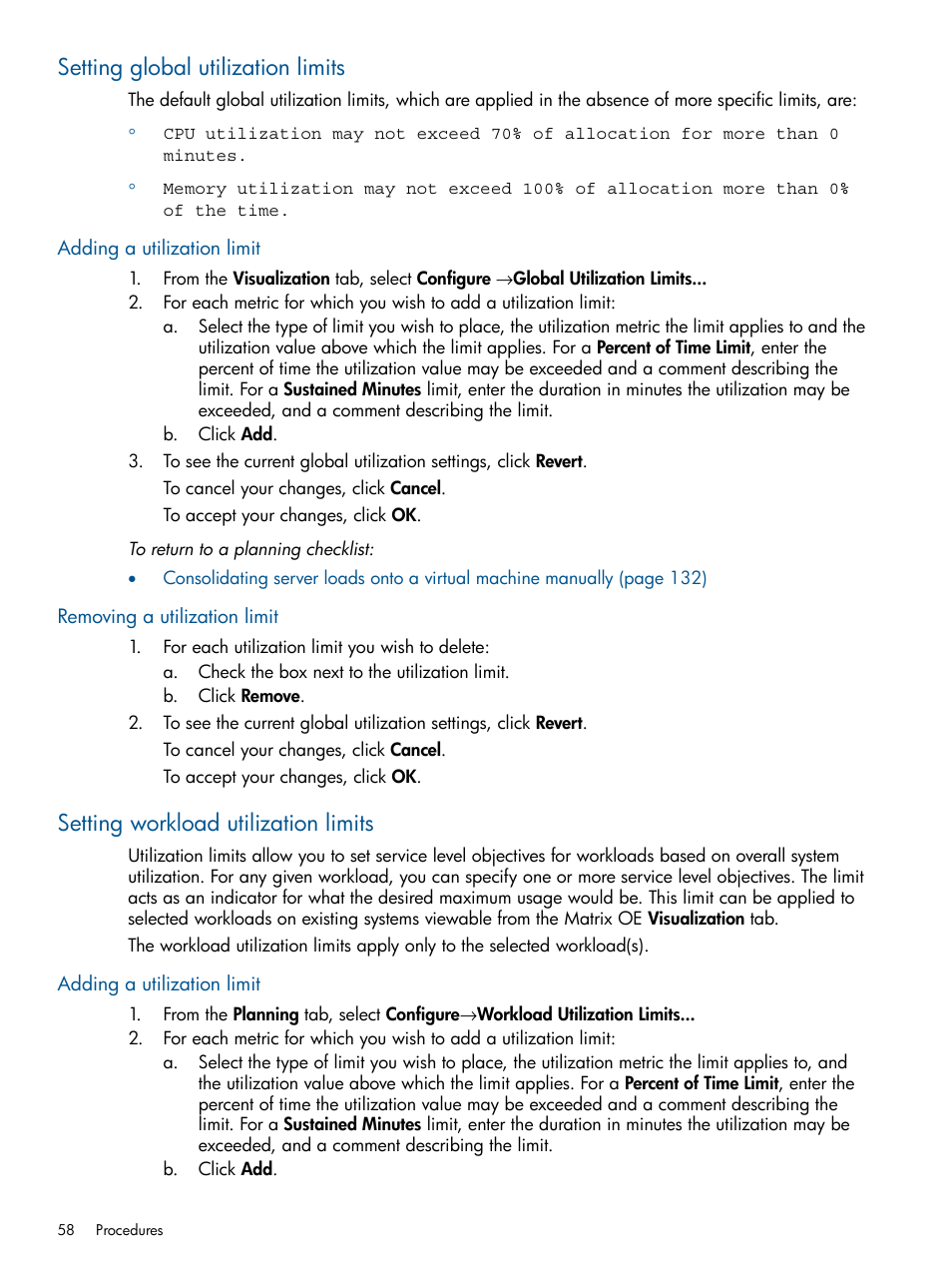 Setting global utilization limits, Adding a utilization limit, Removing a utilization limit | Setting workload utilization limits, Global utilization limit, Workload utilization limit | HP Matrix Operating Environment Software User Manual | Page 58 / 239