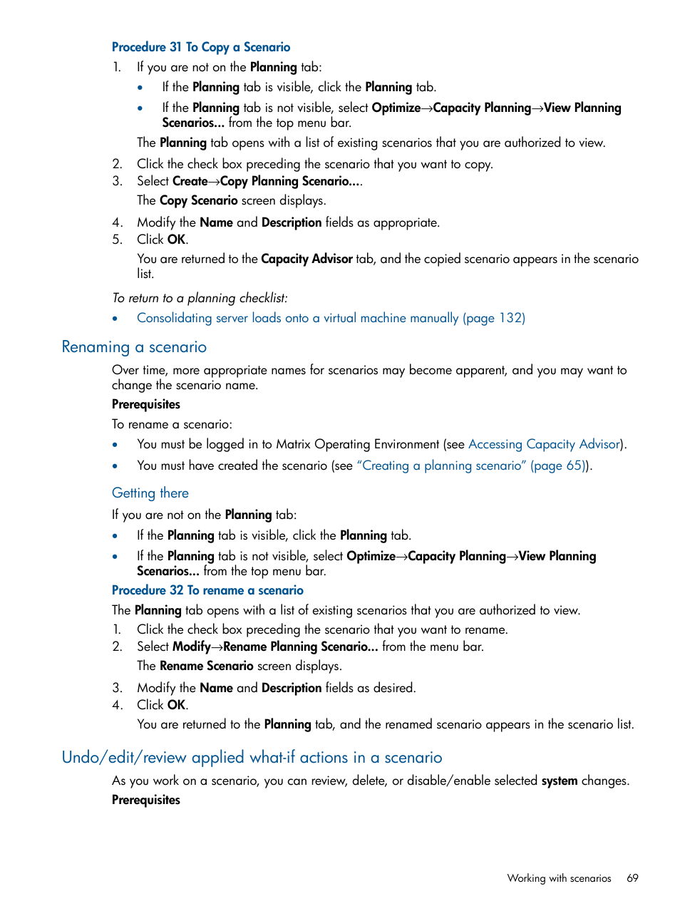 Renaming a scenario | HP Matrix Operating Environment Software User Manual | Page 69 / 239