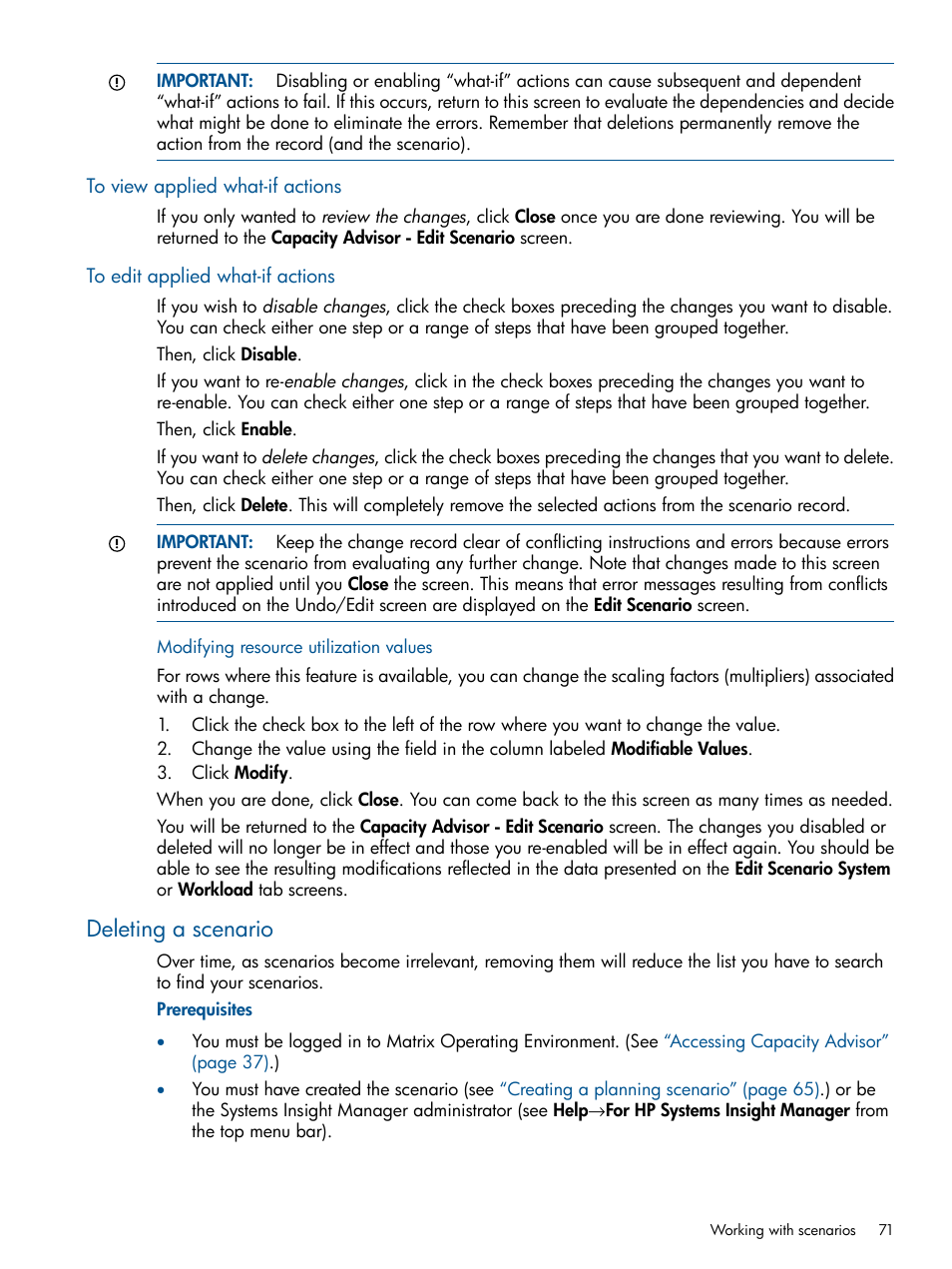 To view applied what-if actions, To edit applied what-if actions, Modifying resource utilization values | Deleting a scenario | HP Matrix Operating Environment Software User Manual | Page 71 / 239