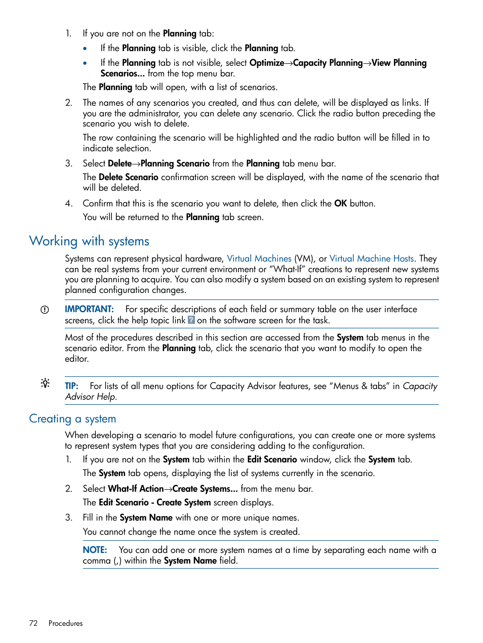 Working with systems, Creating a system | HP Matrix Operating Environment Software User Manual | Page 72 / 239