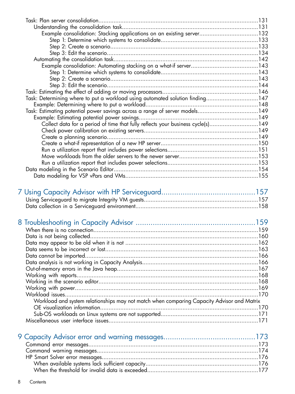 7 using capacity advisor with hp serviceguard, 8 troubleshooting in capacity advisor, 9 capacity advisor error and warning messages | HP Matrix Operating Environment Software User Manual | Page 8 / 239