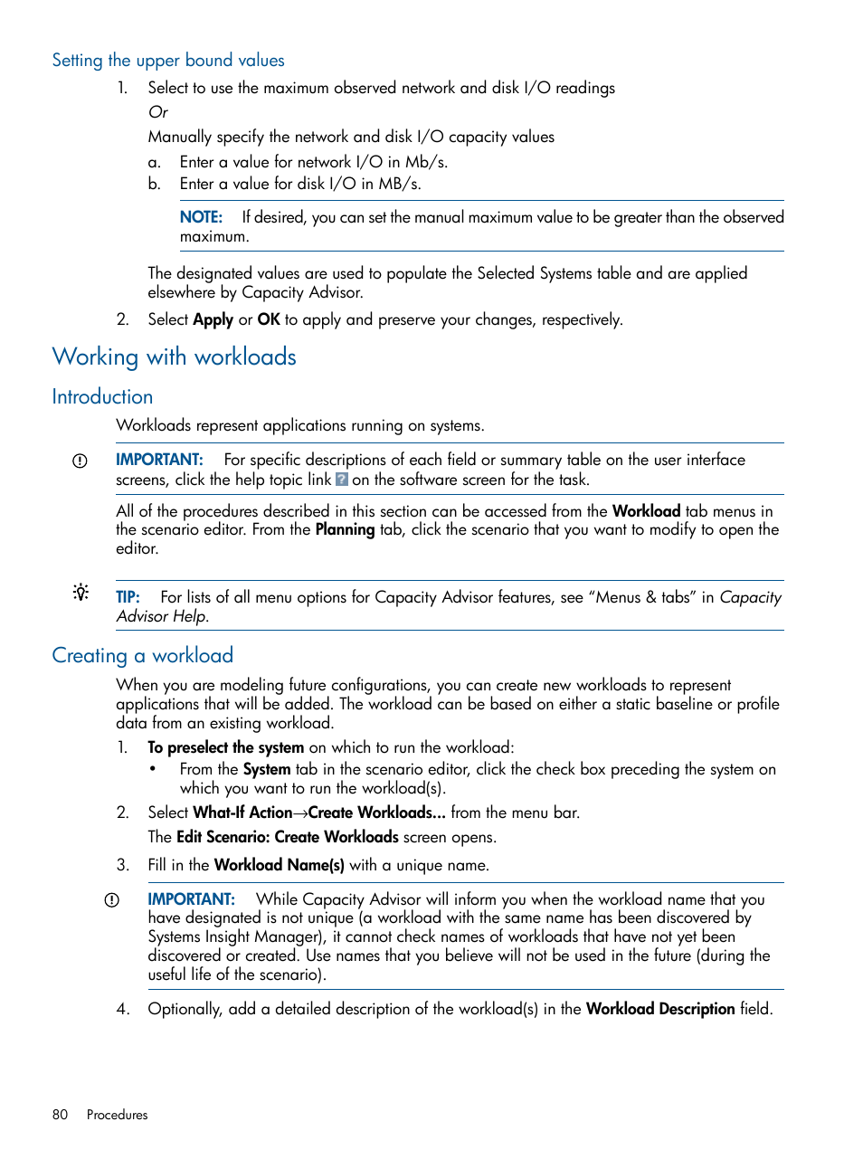 Setting the upper bound values, Working with workloads, Introduction | Creating a workload, Introduction creating a workload | HP Matrix Operating Environment Software User Manual | Page 80 / 239