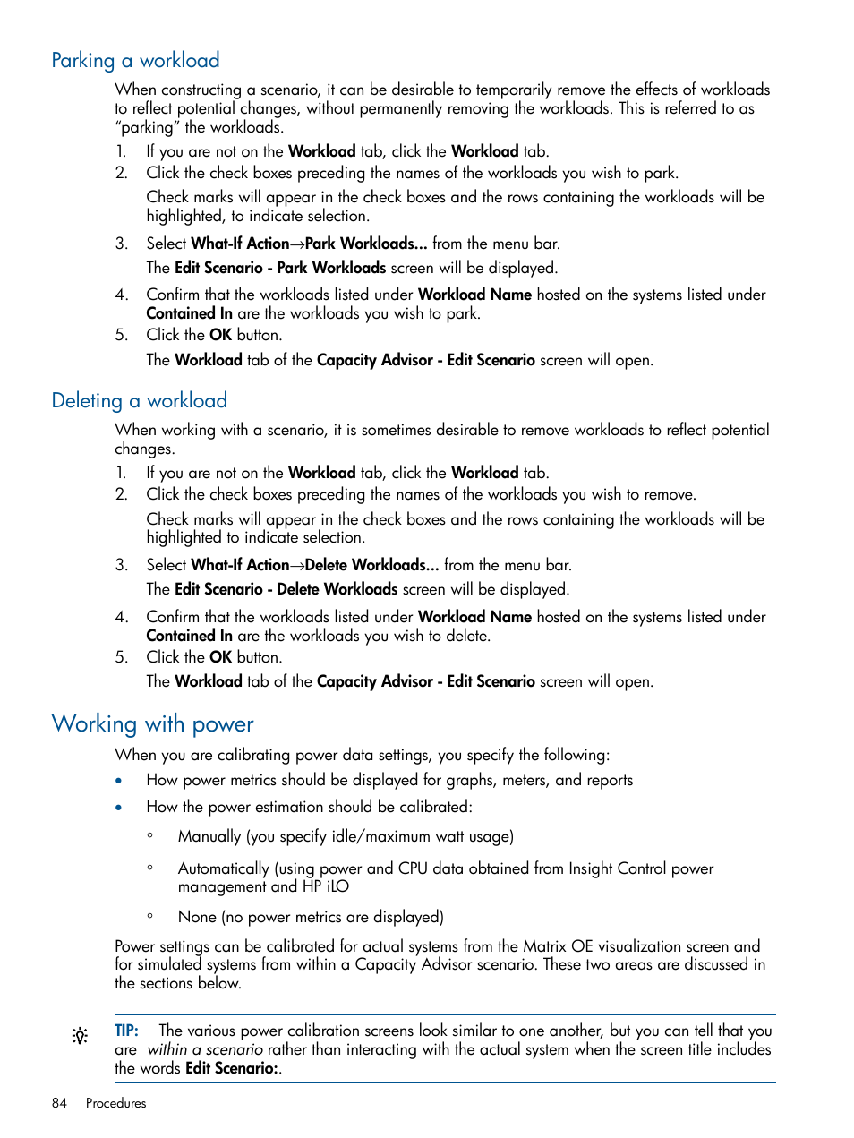 Parking a workload, Deleting a workload, Working with power | Parking a workload deleting a workload | HP Matrix Operating Environment Software User Manual | Page 84 / 239