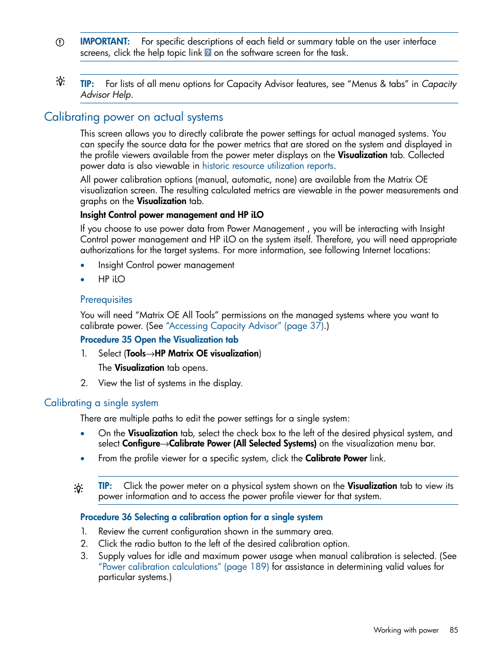 Calibrating power on actual systems, Calibrating a single system | HP Matrix Operating Environment Software User Manual | Page 85 / 239