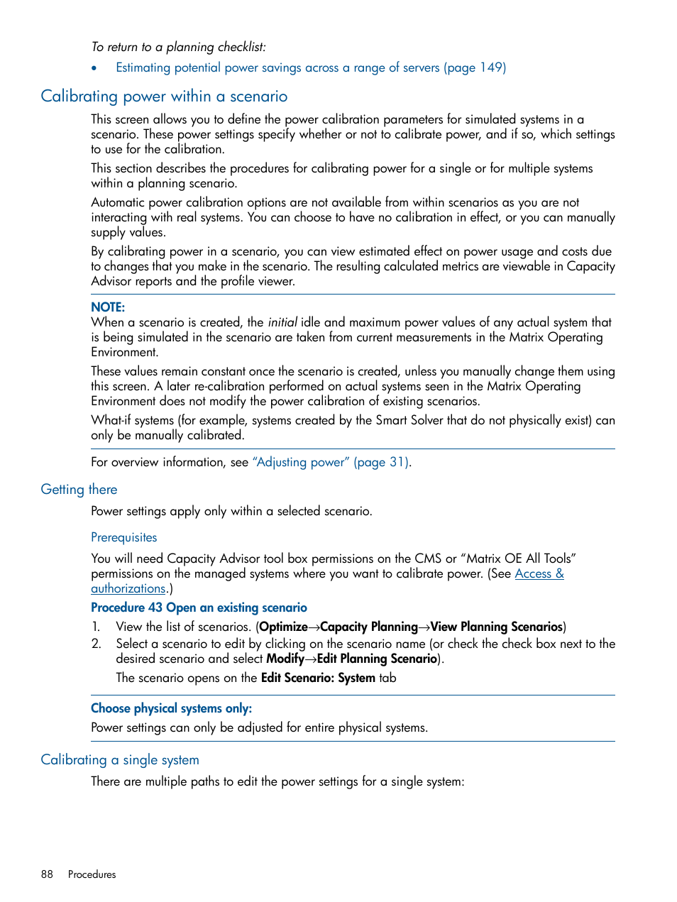 Calibrating power within a scenario, Getting there, Calibrating a single system | Getting there calibrating a single system | HP Matrix Operating Environment Software User Manual | Page 88 / 239