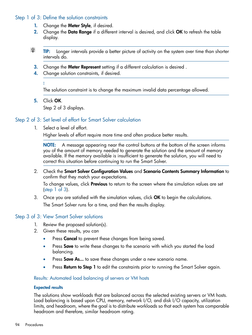 Step 1 of 3: define the solution constraints, Step 3 of 3: view smart solver solutions, Expected results | HP Matrix Operating Environment Software User Manual | Page 94 / 239