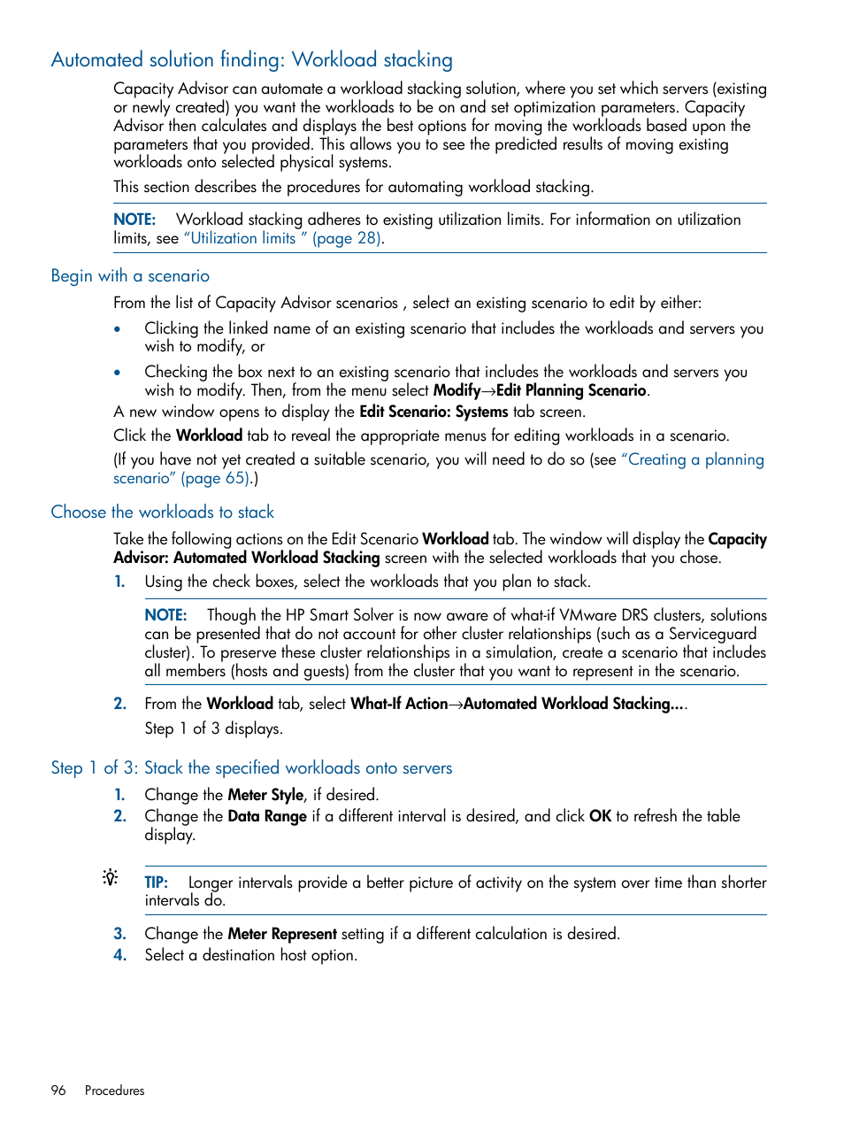 Automated solution finding: workload stacking, Begin with a scenario, Choose the workloads to stack | HP Matrix Operating Environment Software User Manual | Page 96 / 239