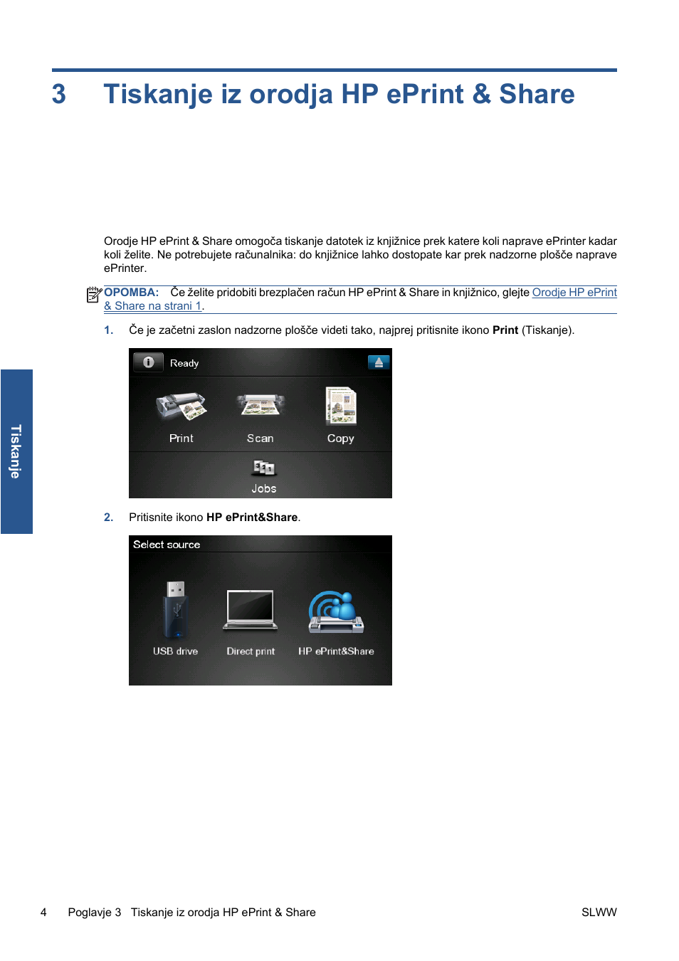 Tiskanje iz orodja hp eprint & share, 3 tiskanje iz orodja hp eprint & share, Na strani 4 | 3tiskanje iz orodja hp eprint & share | HP Серия принтеров HP Designjet T1300 ePrinter User Manual | Page 278 / 412