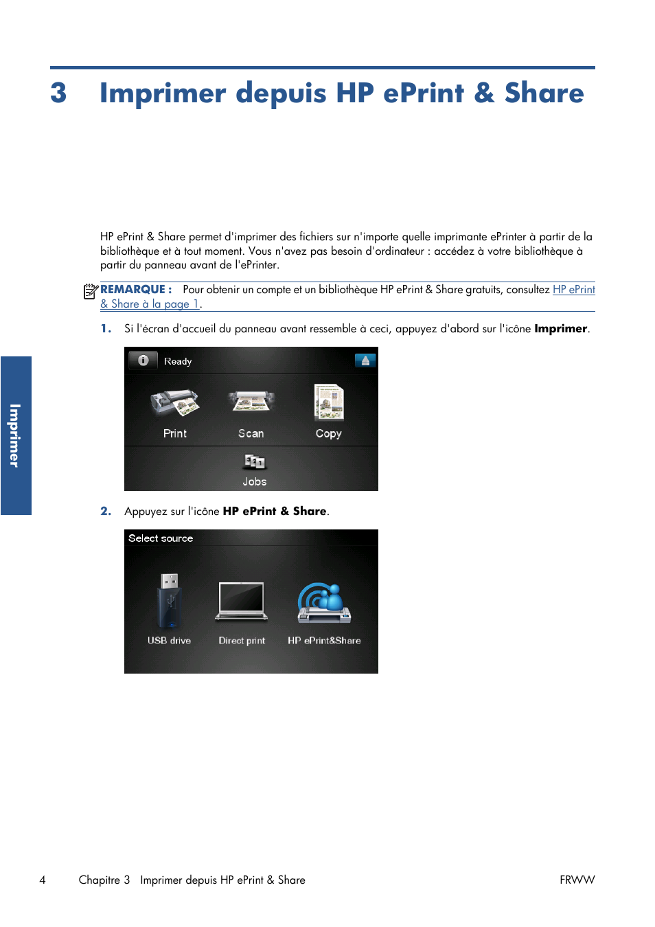 Imprimer depuis hp eprint & share, 3 imprimer depuis hp eprint & share, Nsultez | HP Серия принтеров HP Designjet T1300 ePrinter User Manual | Page 30 / 412