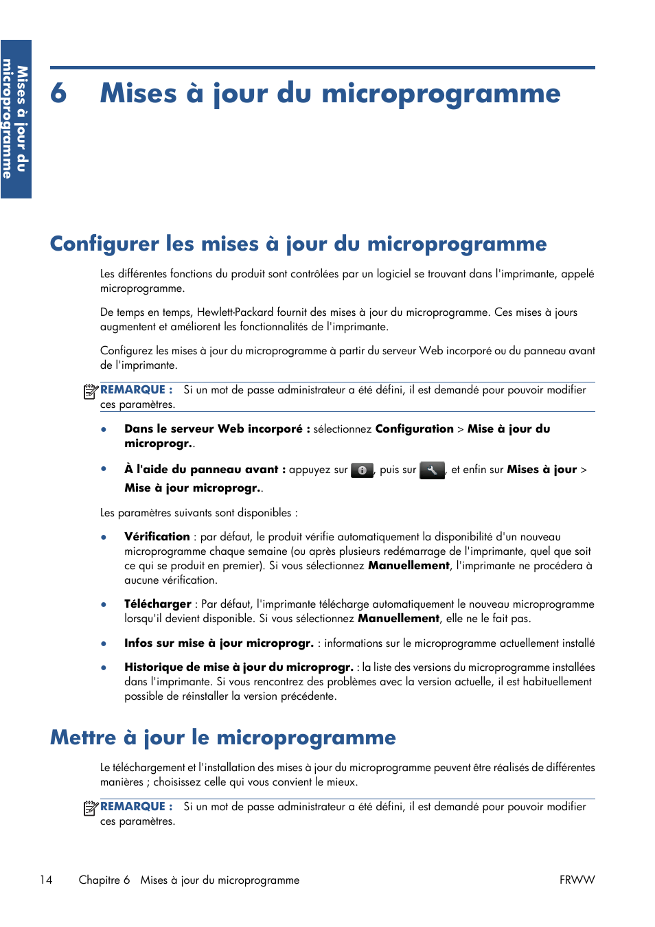 Mises à jour du microprogramme, Configurer les mises à jour du microprogramme, Mettre à jour le microprogramme | 6 mises à jour du microprogramme, Configurer les mises à jour du | HP Серия принтеров HP Designjet T1300 ePrinter User Manual | Page 40 / 412