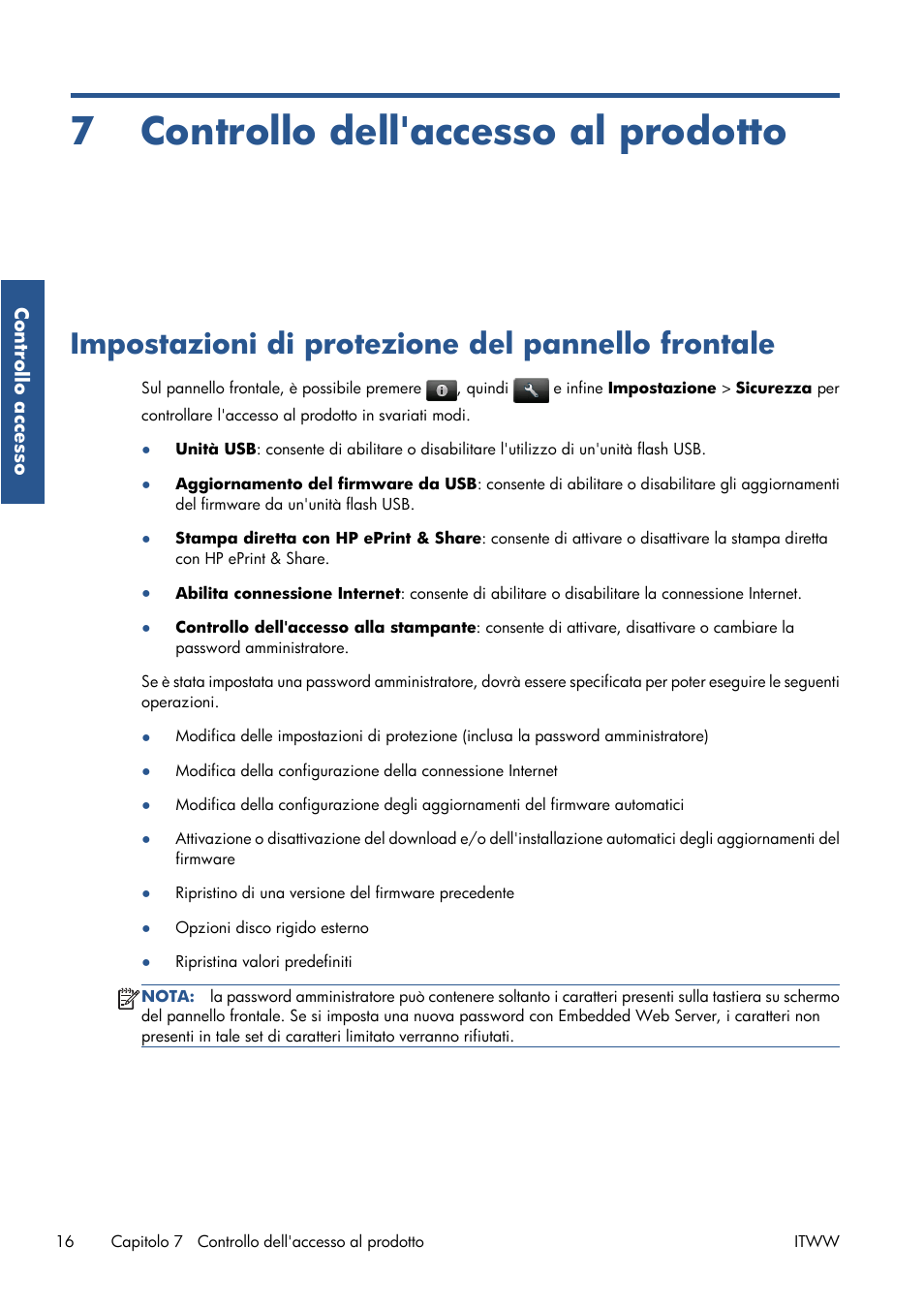 Controllo dell'accesso al prodotto, Impostazioni di protezione del pannello frontale, 7 controllo dell'accesso al prodotto | HP Серия принтеров HP Designjet T1300 ePrinter User Manual | Page 63 / 412